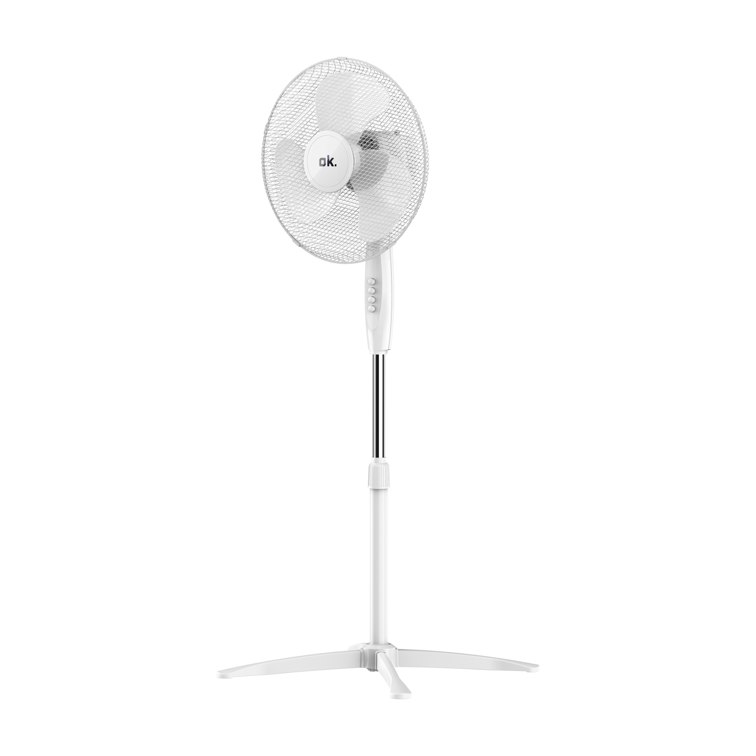 Un ventilatore da terra bianco con logo ok. e supporto metallico.