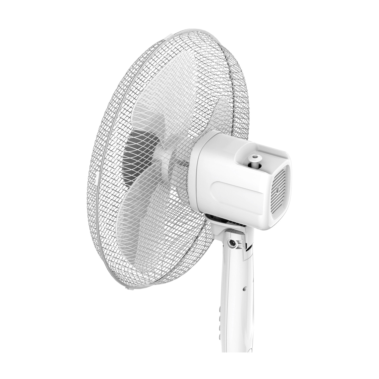 Un ventilatore da terra bianco con griglia e pale in metallo.