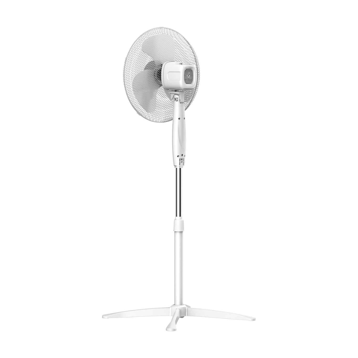 Un ventilatore da terra bianco con tre pale e griglia protettiva.