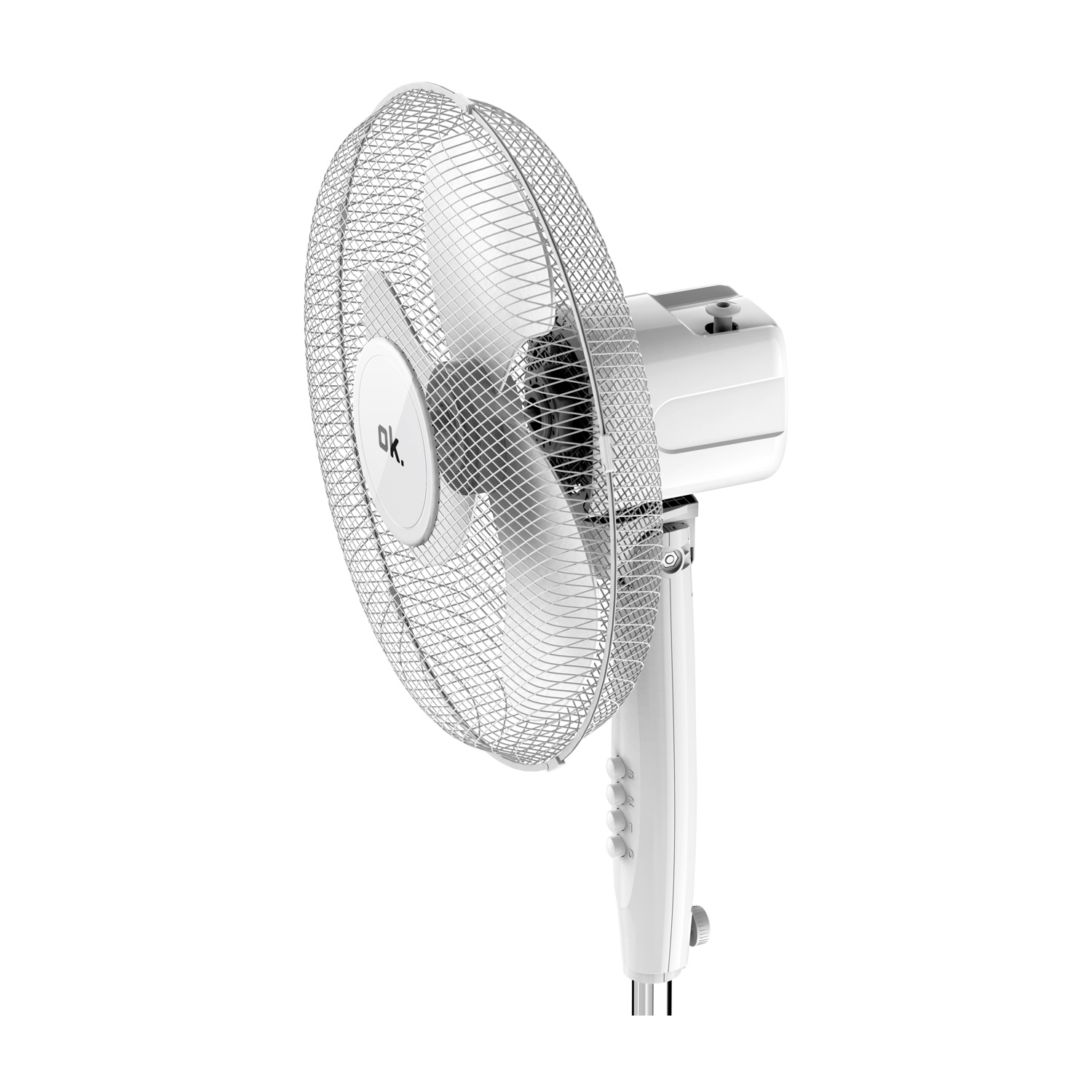 Un ventilatore bianco con griglia di sicurezza argentata e pulsanti.