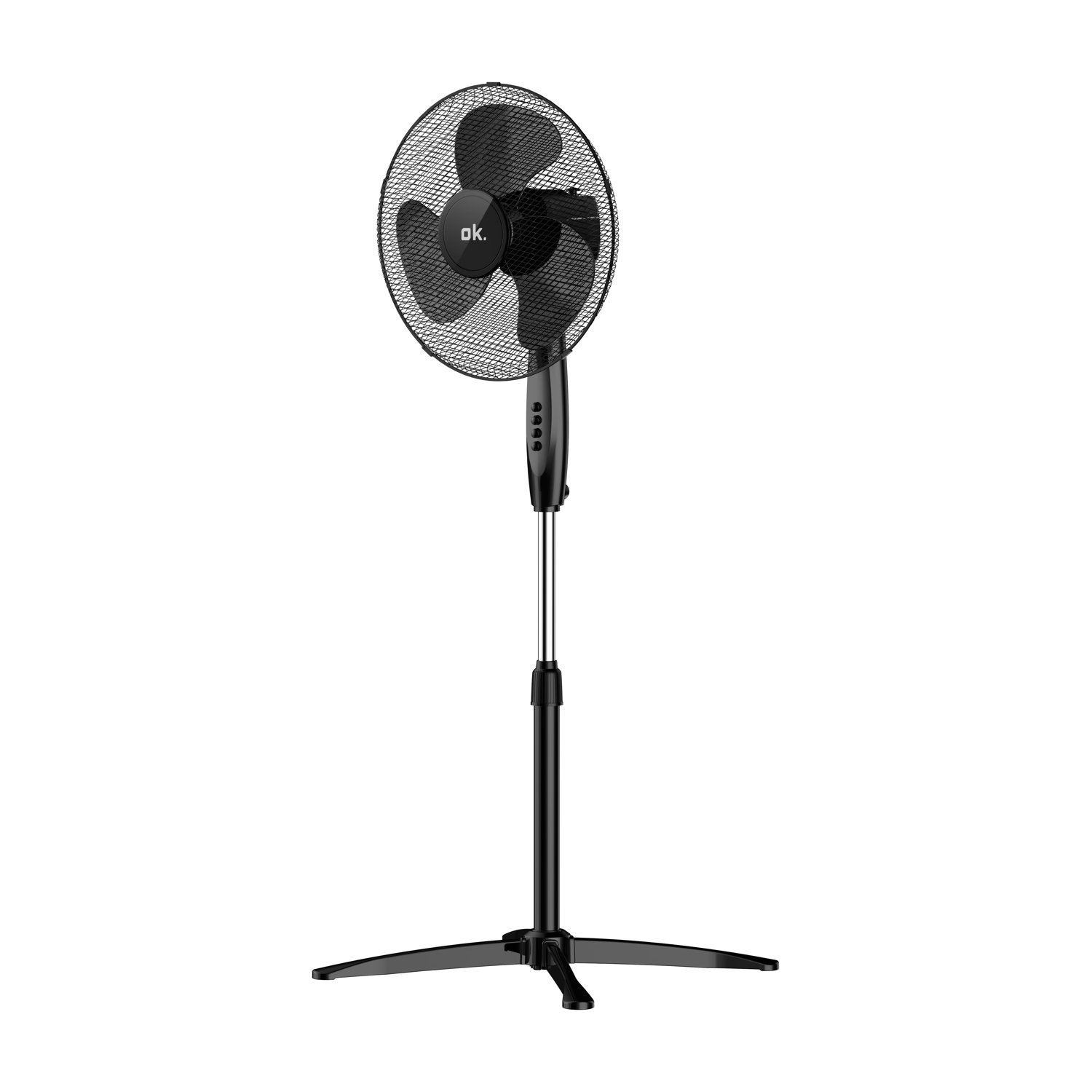 Un ventilatore da terra nero con tre pale e una griglia protettiva rotonda.