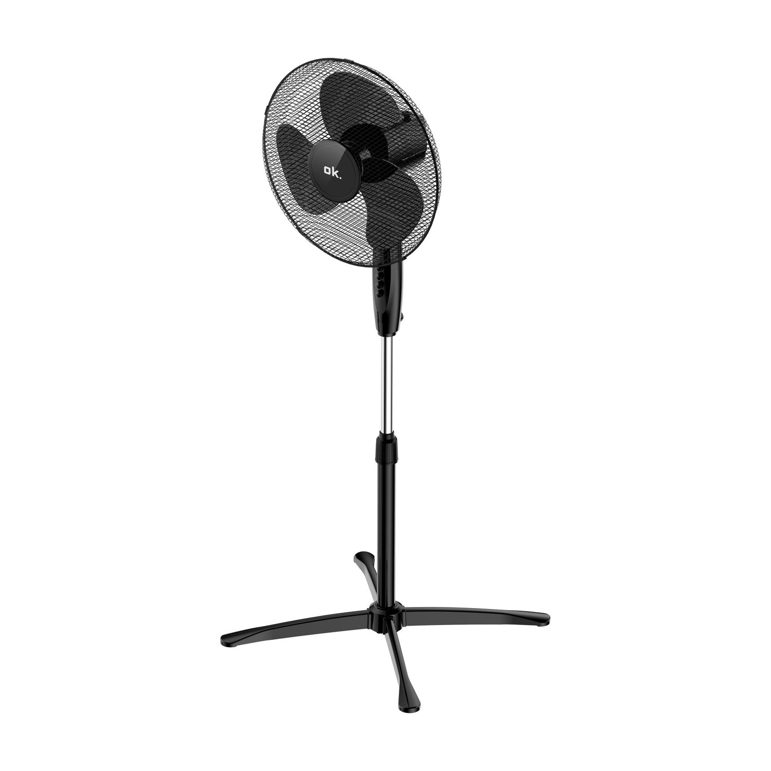 Un ventilatore da terra nero con tre pale e griglia in rete rotonda.