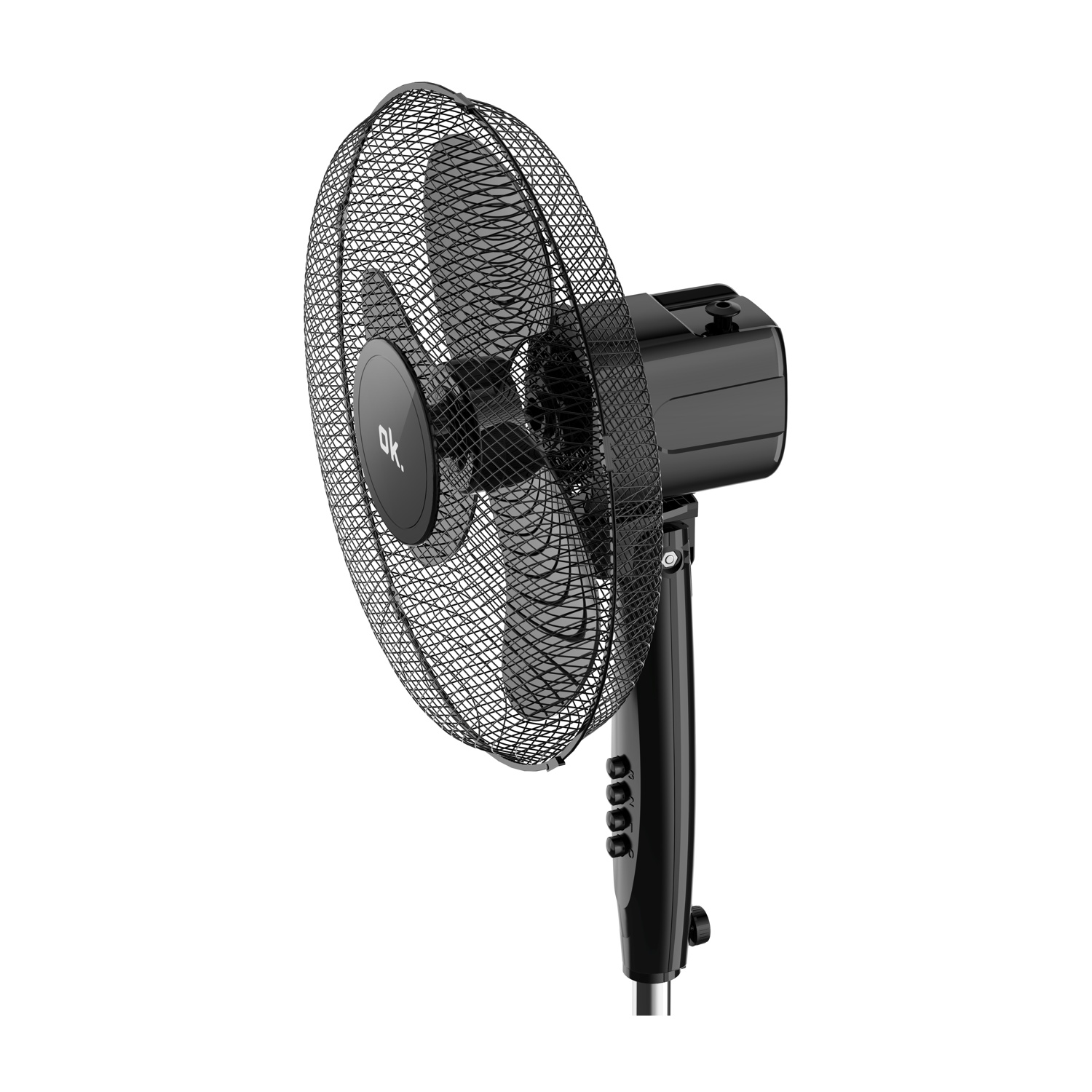 Un ventilatore da terra nero con griglia e pulsanti sul gambo.