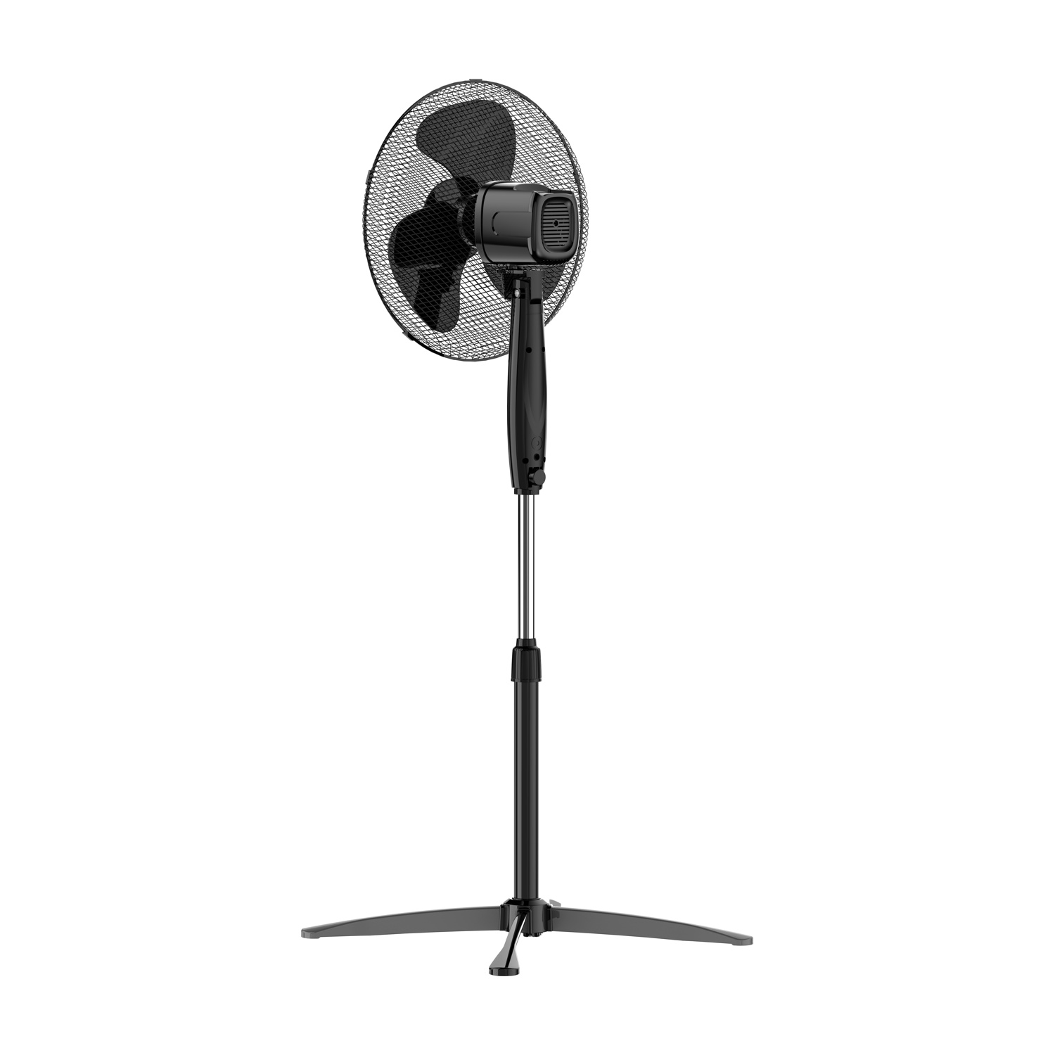Un ventilatore nero da terra oscillante con altezza regolabile e base a treppiede.