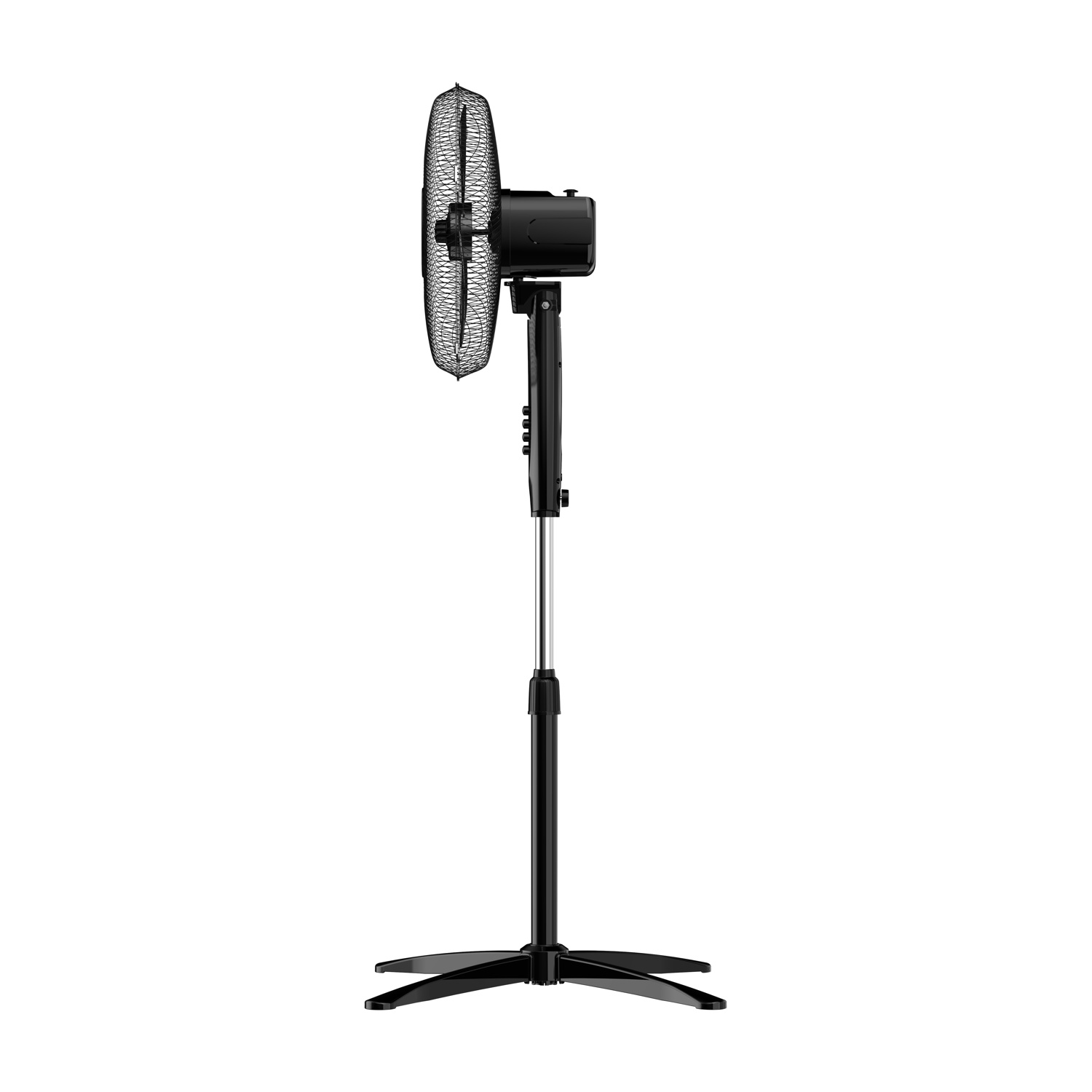 Un ventilatore da terra nero con griglia rotonda e supporto regolabile.