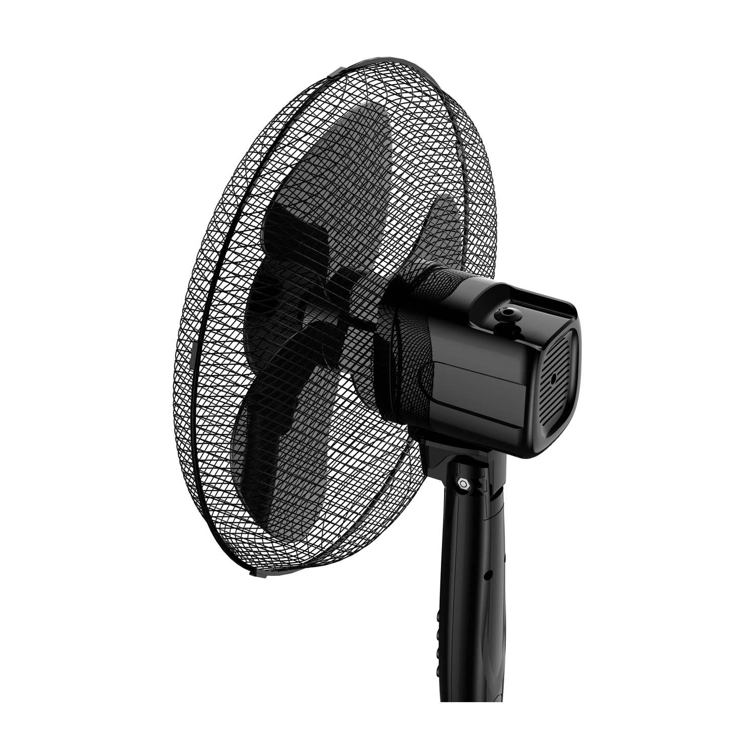 Un ventilatore da terra nero con griglia rotonda e pale visibili.