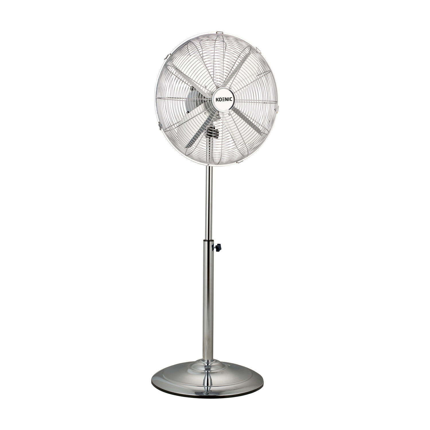 Ventilatore da terra argentato con base rotonda e altezza regolabile.