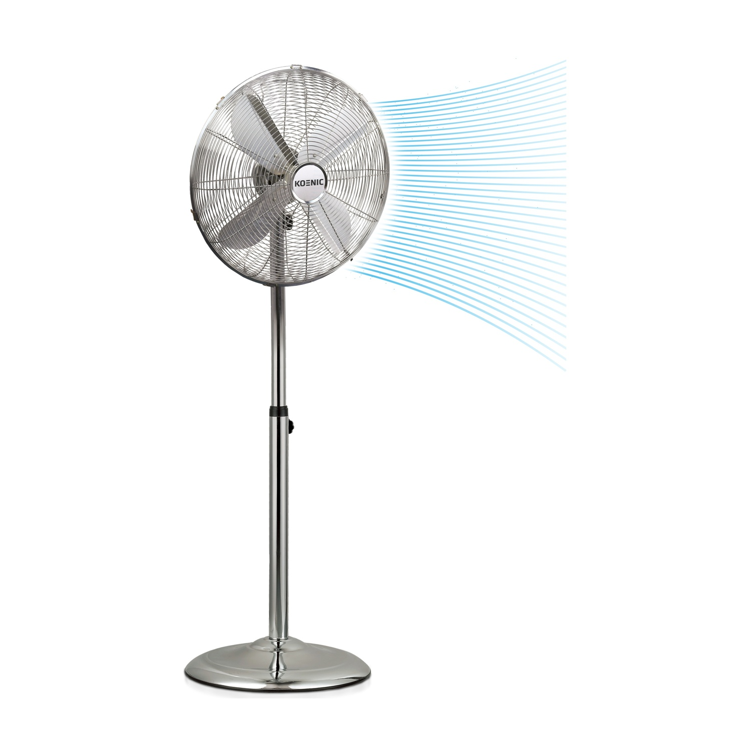 Un ventilatore a piedistallo argentato con flussi d'aria blu che soffiano verso destra.