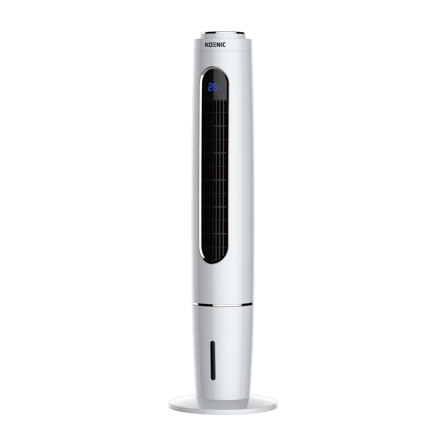 Un ventilatore a torre bianco con display digitale (26°C) e serbatoio acqua.
