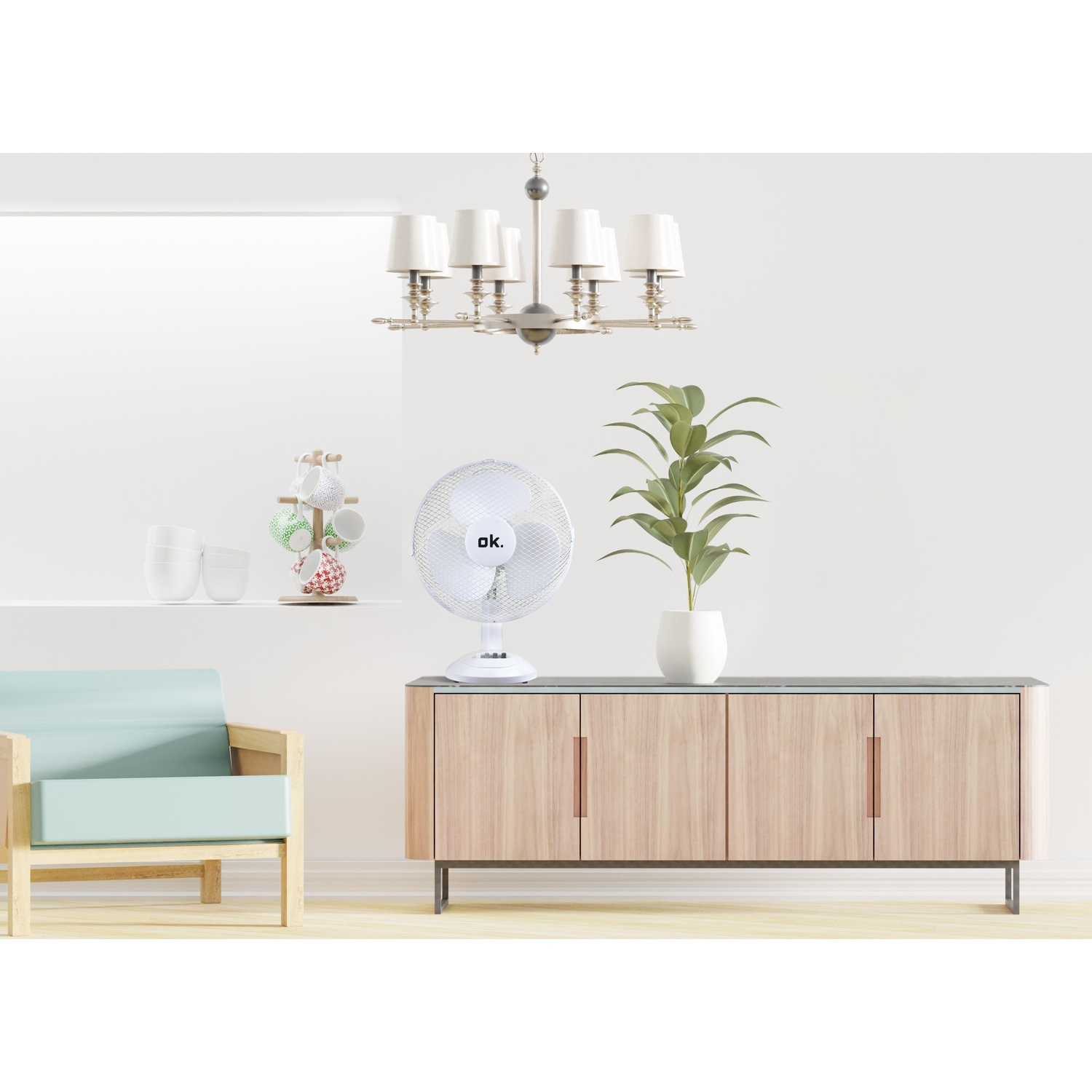 Ventilatore bianco su mobile in legno con pianta in vaso.
