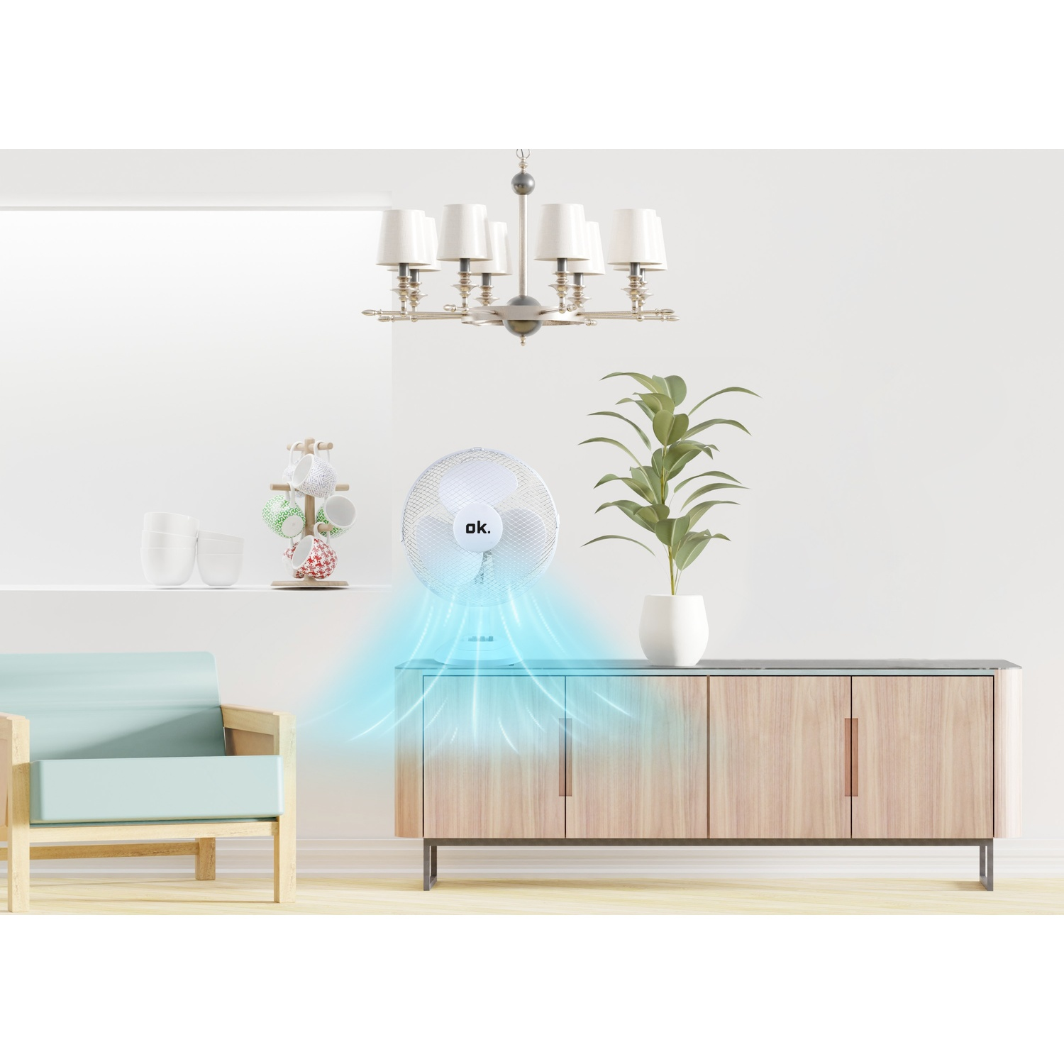 Un ventilatore bianco soffia aria blu su un mobiletto di legno.