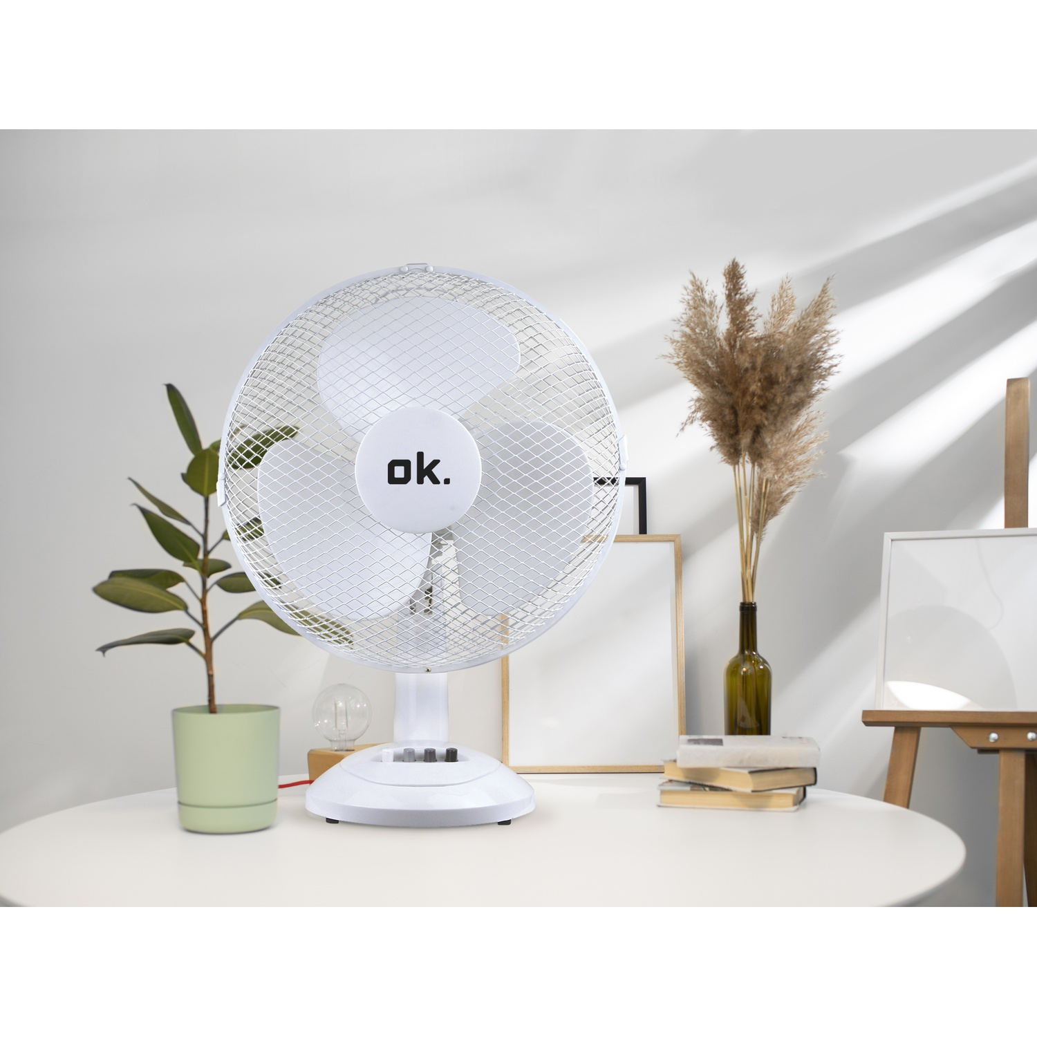 Un ventilatore da tavolo bianco è su un tavolo con piante e libri.