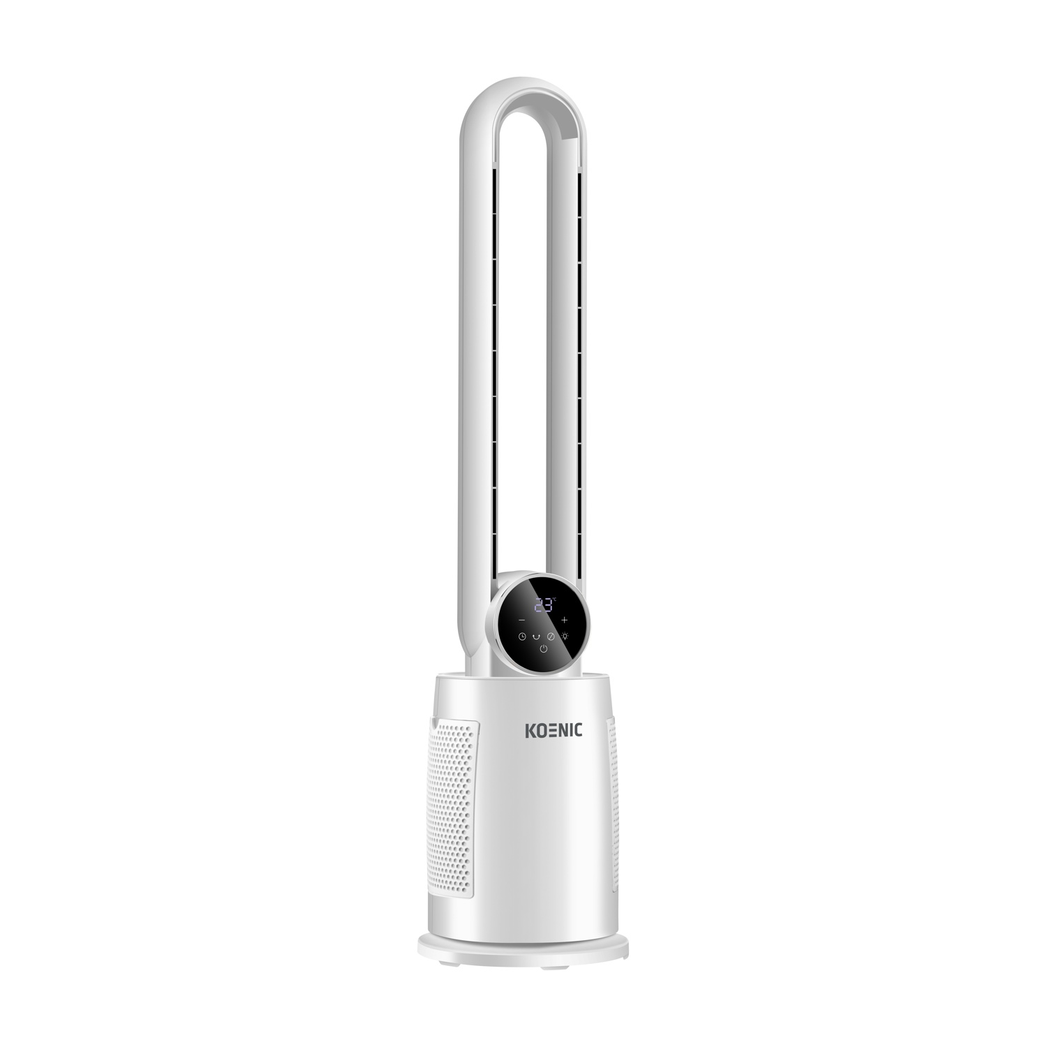 Un ventilatore a torre bianco con display digitale e fessure di ventilazione.