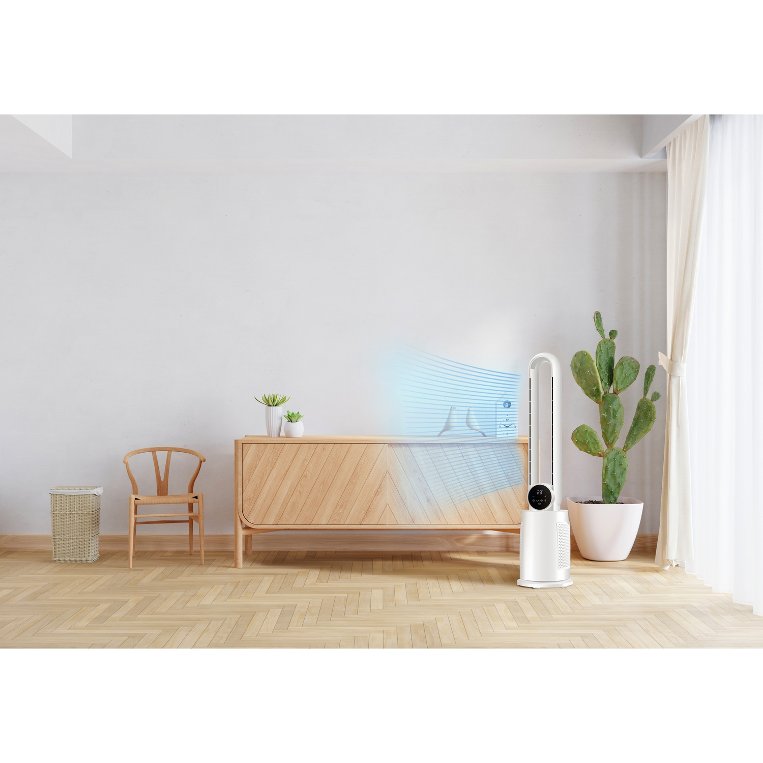 Un ventilatore a torre bianco con display digitale si trova su un pavimento in legno.