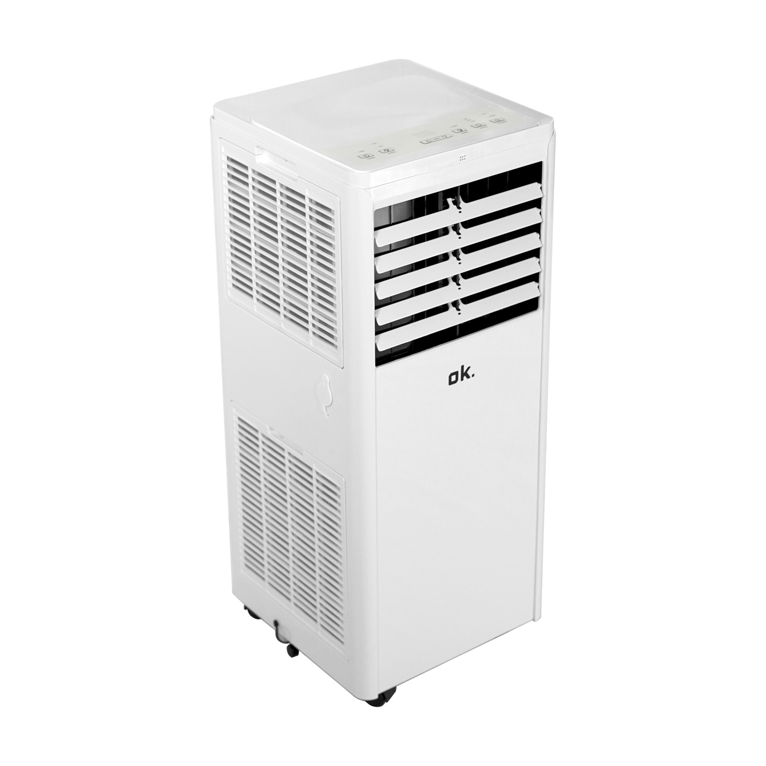 Una torre di condizionatore d'aria bianco e portatile su ruote con prese d'aria.