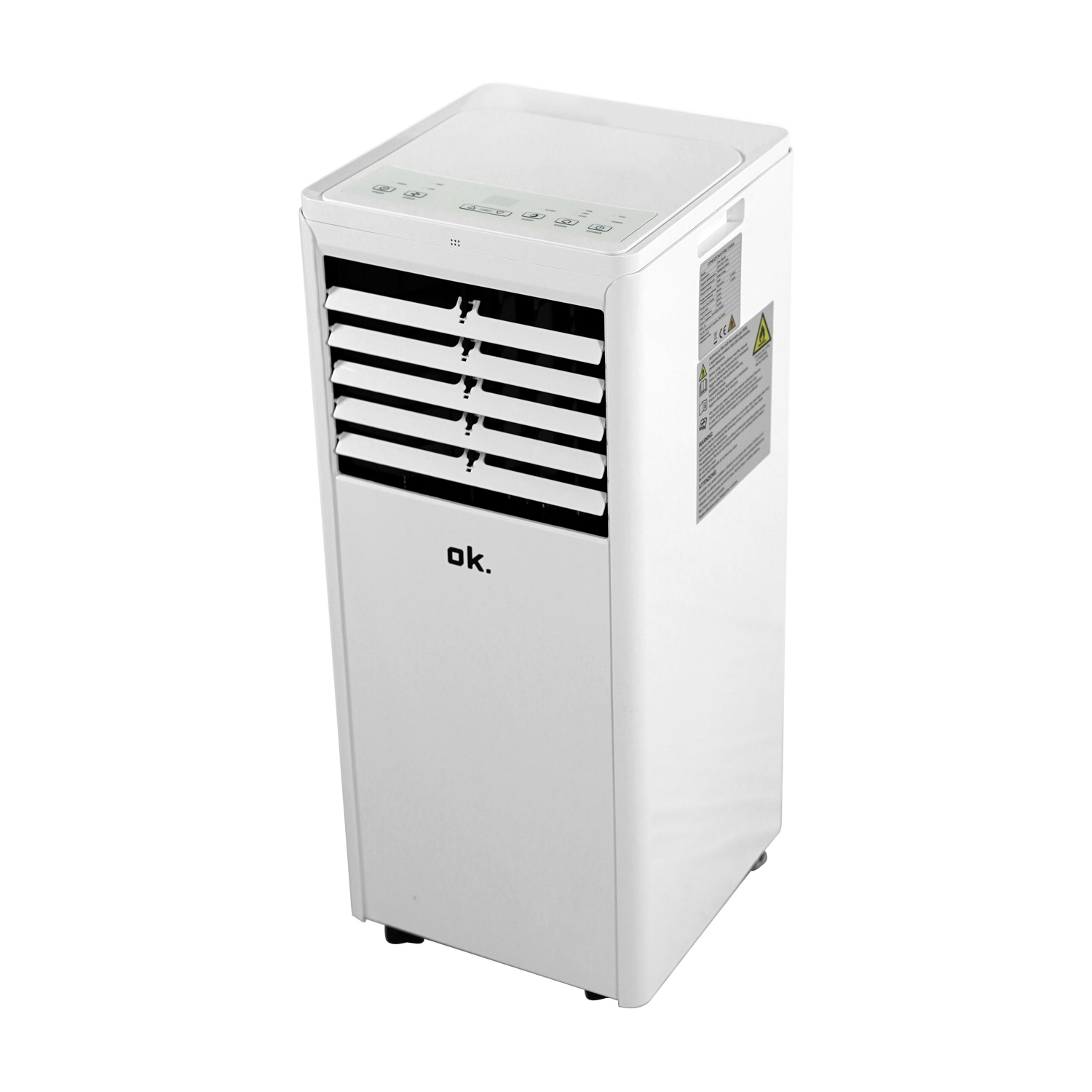 Unità di condizionatore d'aria portatile bianco con griglia di ventilazione e pannello di controllo.
