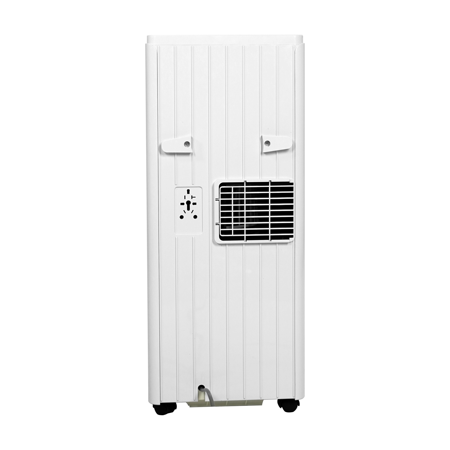 Retro di un refrigeratore d'aria bianco con ruote e griglia di ventilazione.