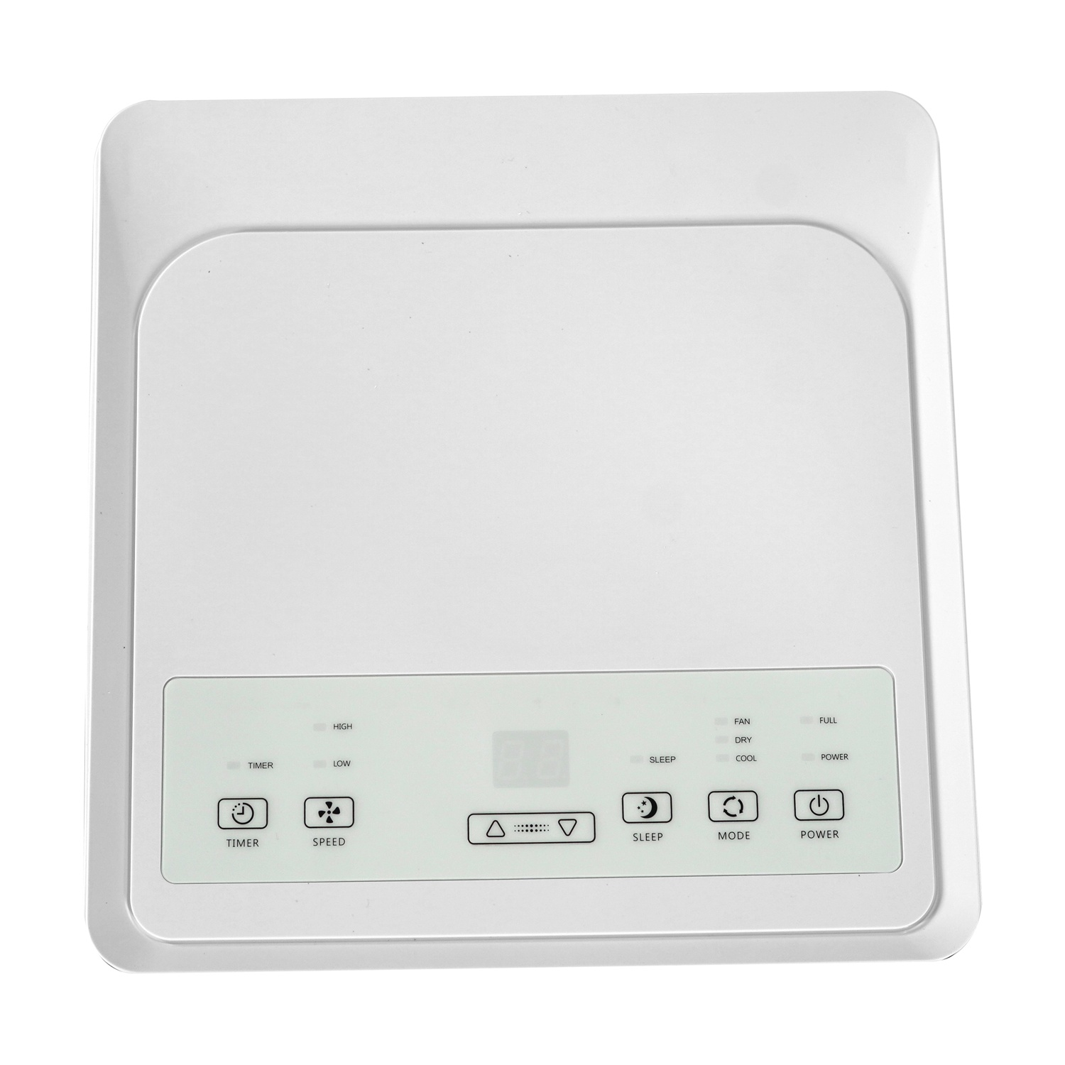 Un pannello di controllo del condizionatore d'aria bianco con pulsanti per timer, velocità, modalità sleep, modalità e accensione.