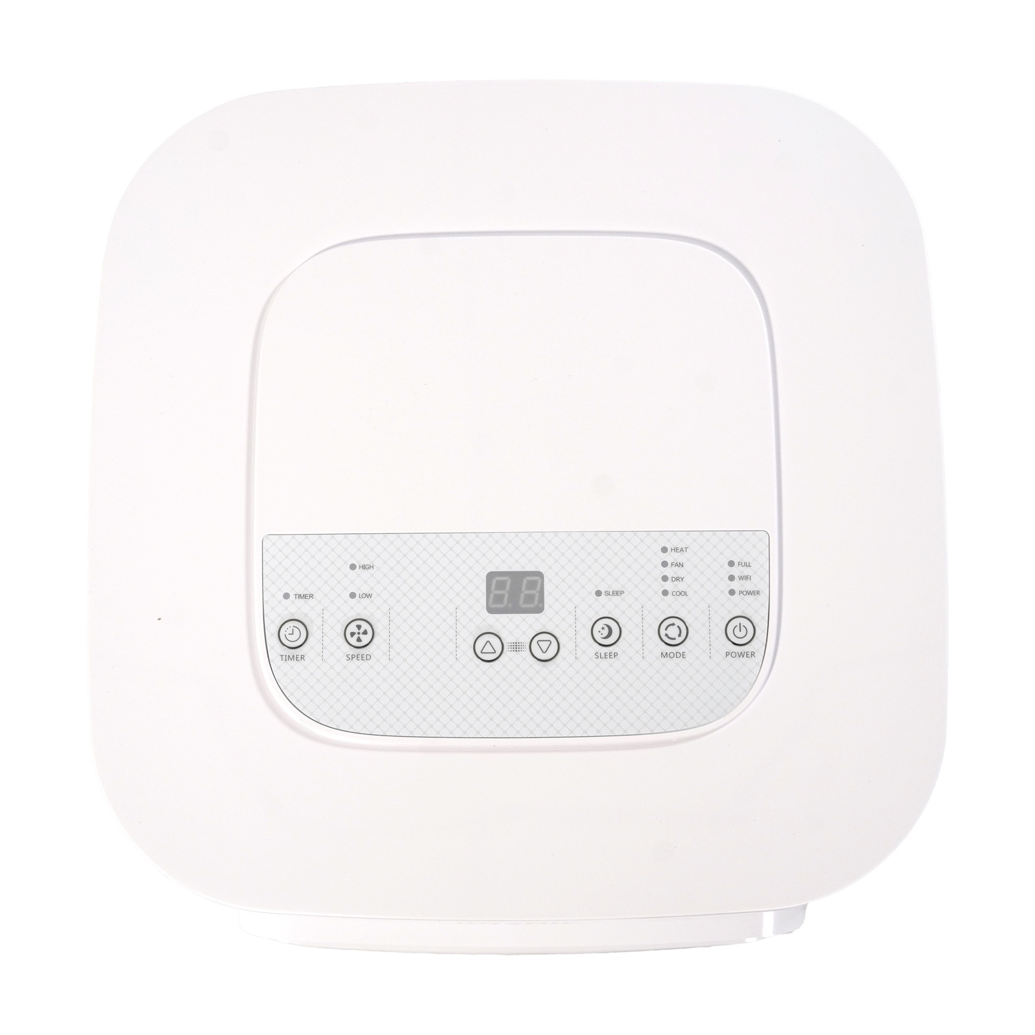 Pannello di controllo bianco per condizionatore portatile con display digitale.