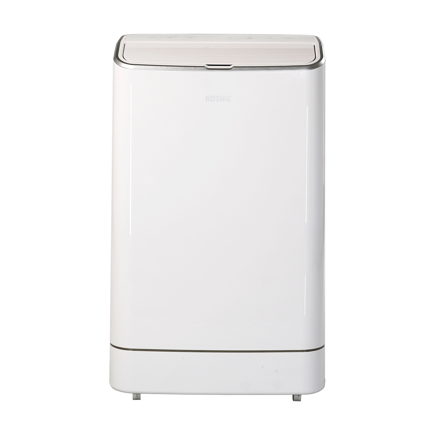 Un purificatore d'aria rettangolare bianco con bordo argentato e controlli in alto.