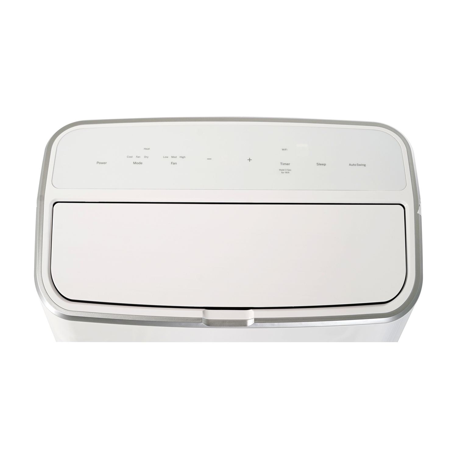 Un pannello di controllo portatile per aria condizionata bianco con pulsanti per accensione, modalità, velocità ventola e WiFi.