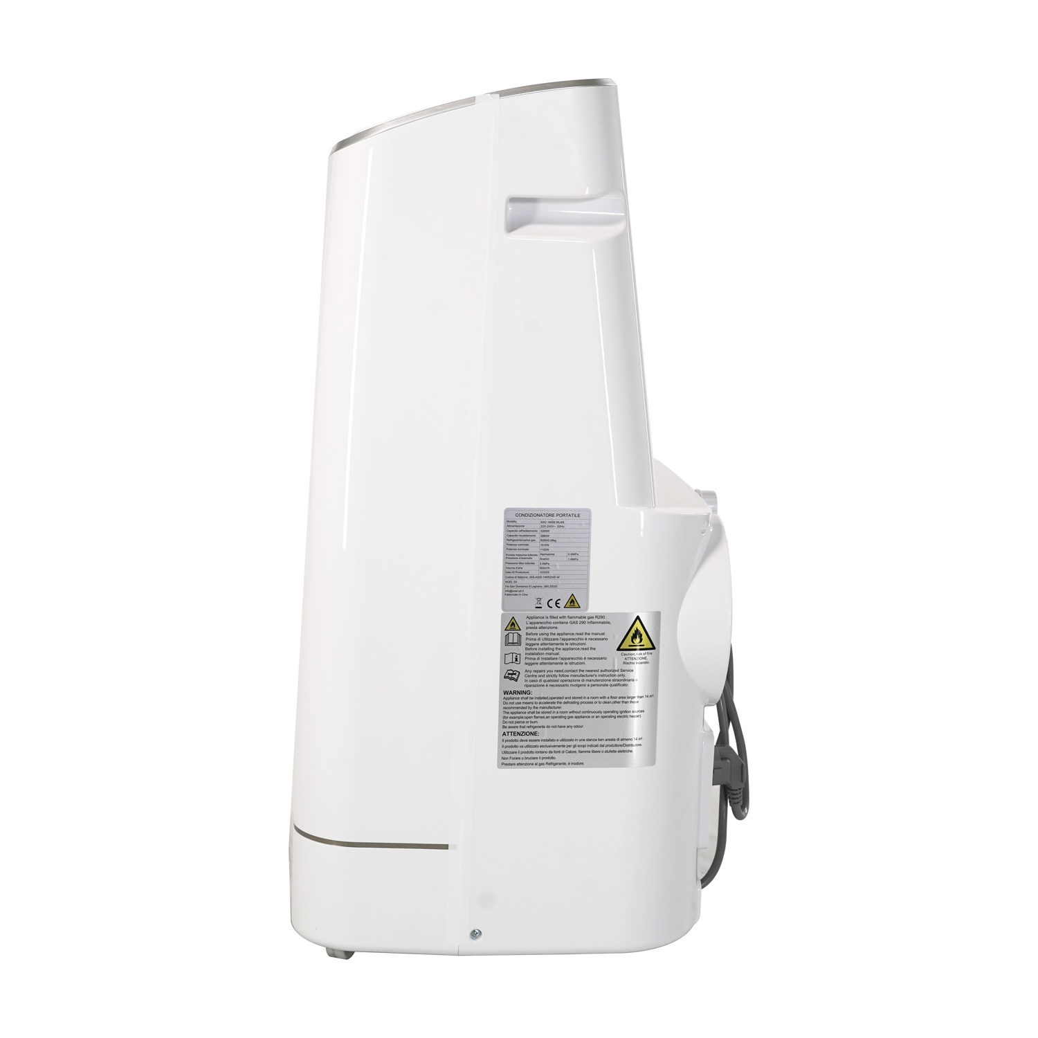Un climatizzatore portatile bianco vista laterale con etichette e cavo.