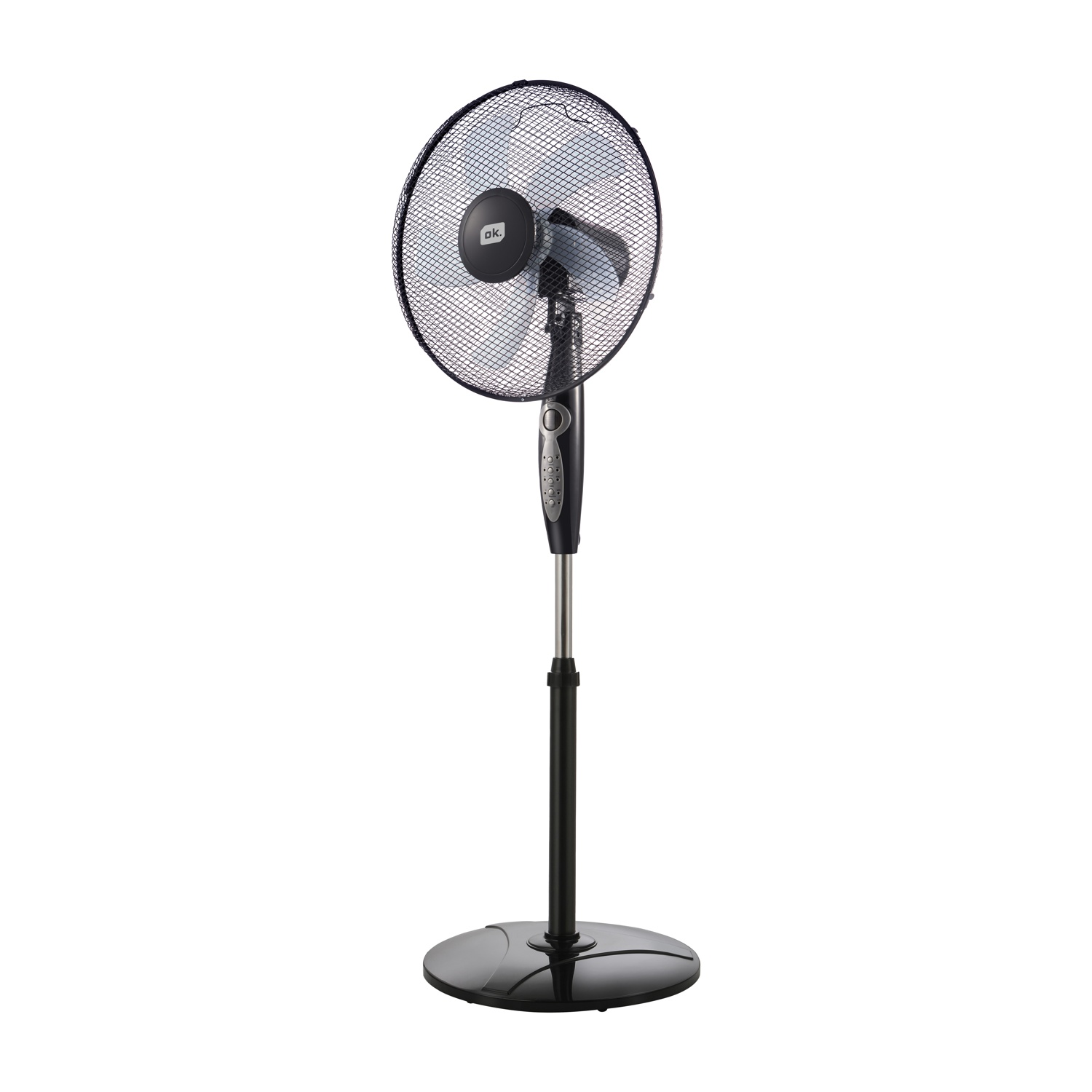 Ventilatore da terra nero con griglia tonda e stelo argentato su base nera.