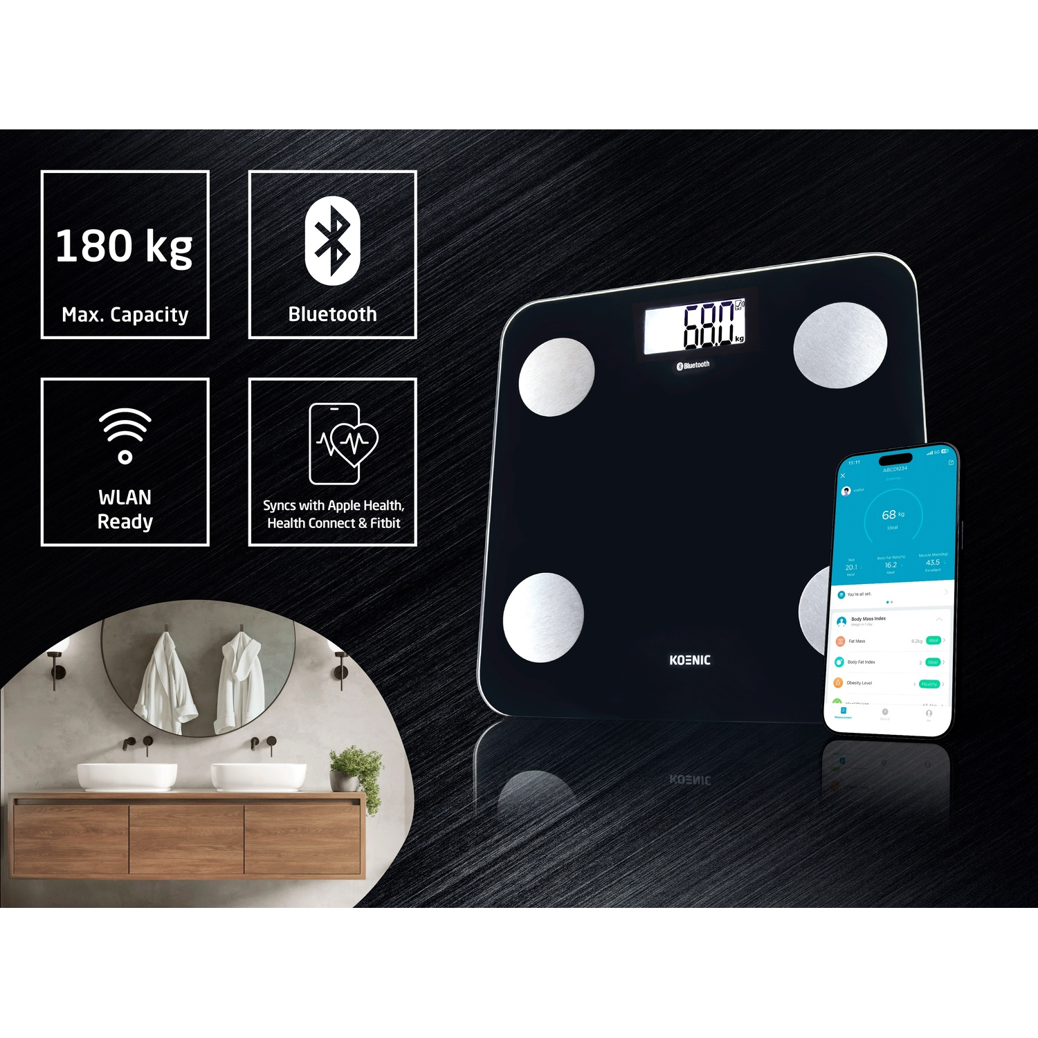 Bilancia smart nera con display, app e scena bagno.
