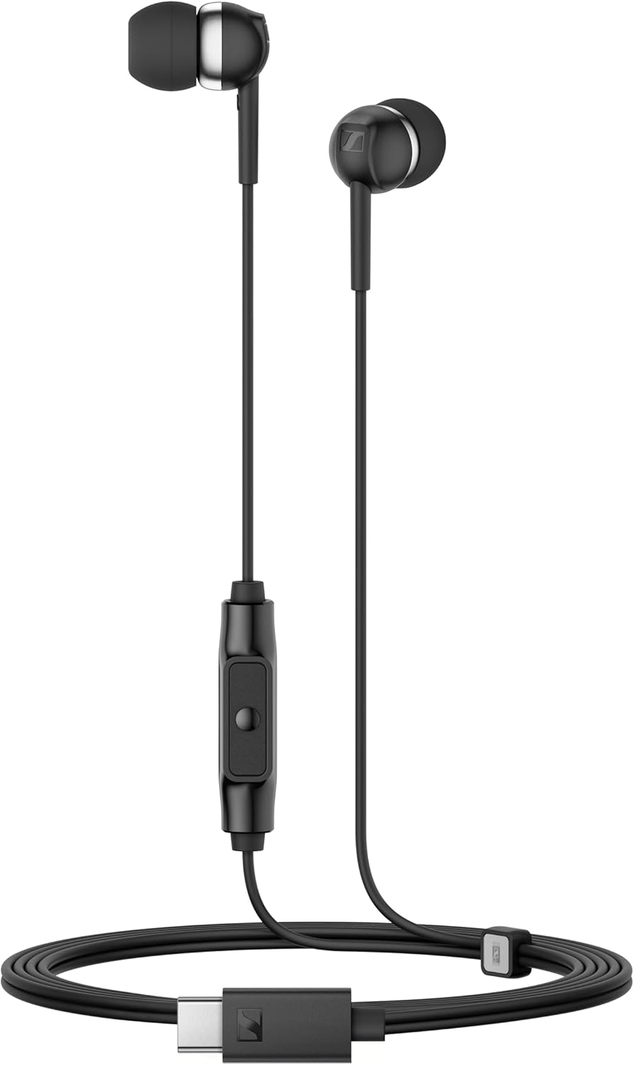 Schwarze In-Ear-Kopfhörer mit USB-C-Anschluss und Inline-Fernbedienung.