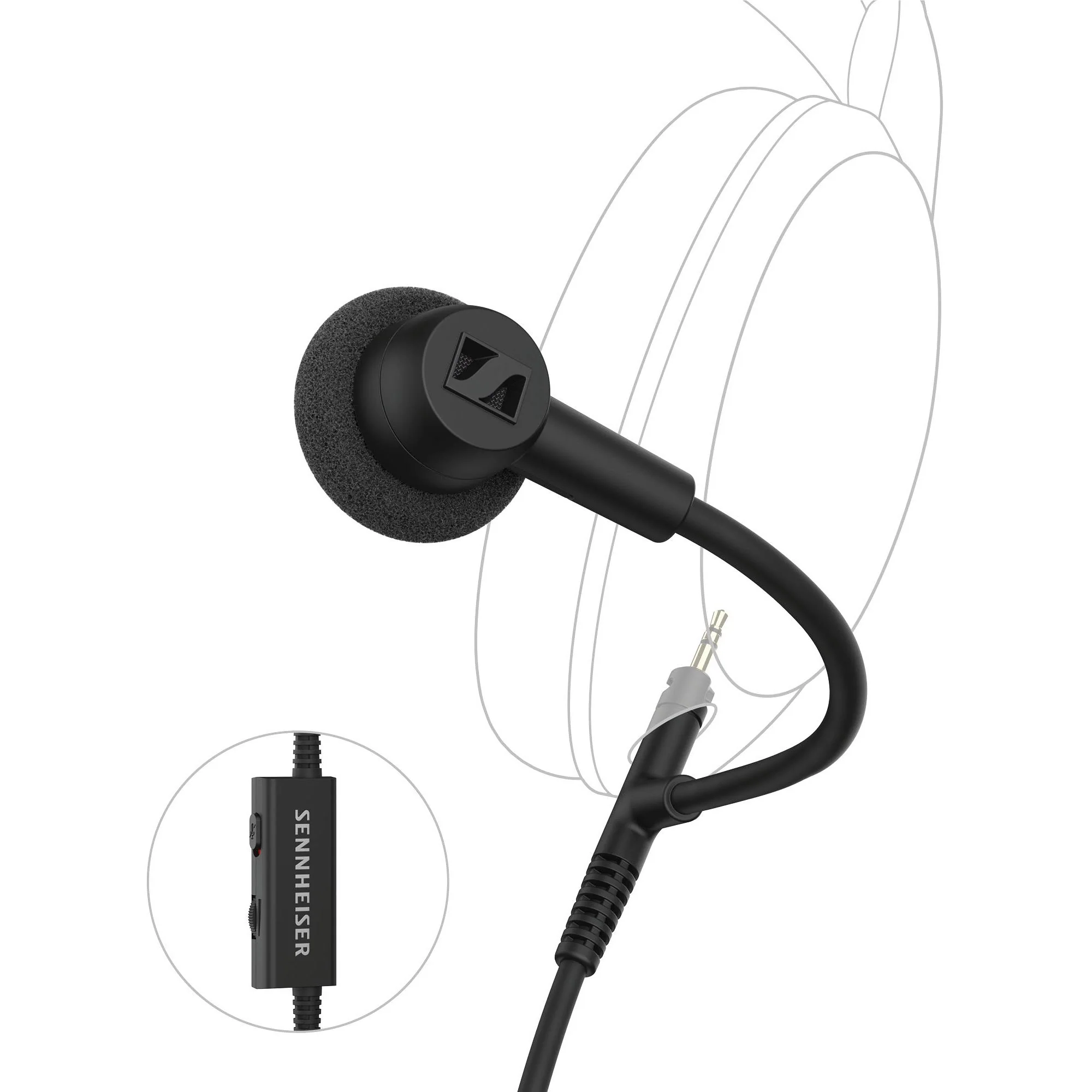 Écouteur Sennheiser noir avec commande intégrée et prise jack 3,5 mm.