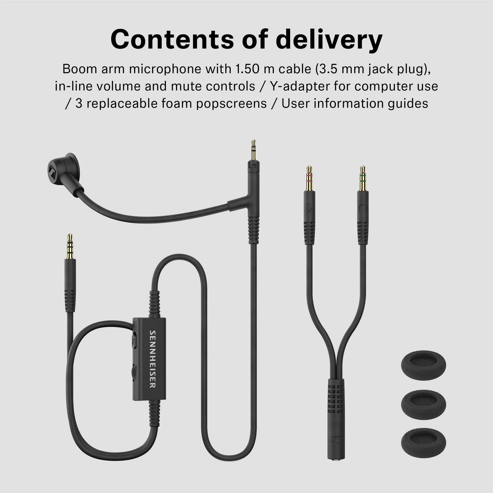 Microphone Sennheiser avec câble, adaptateur en Y et bonnets anti-pop.