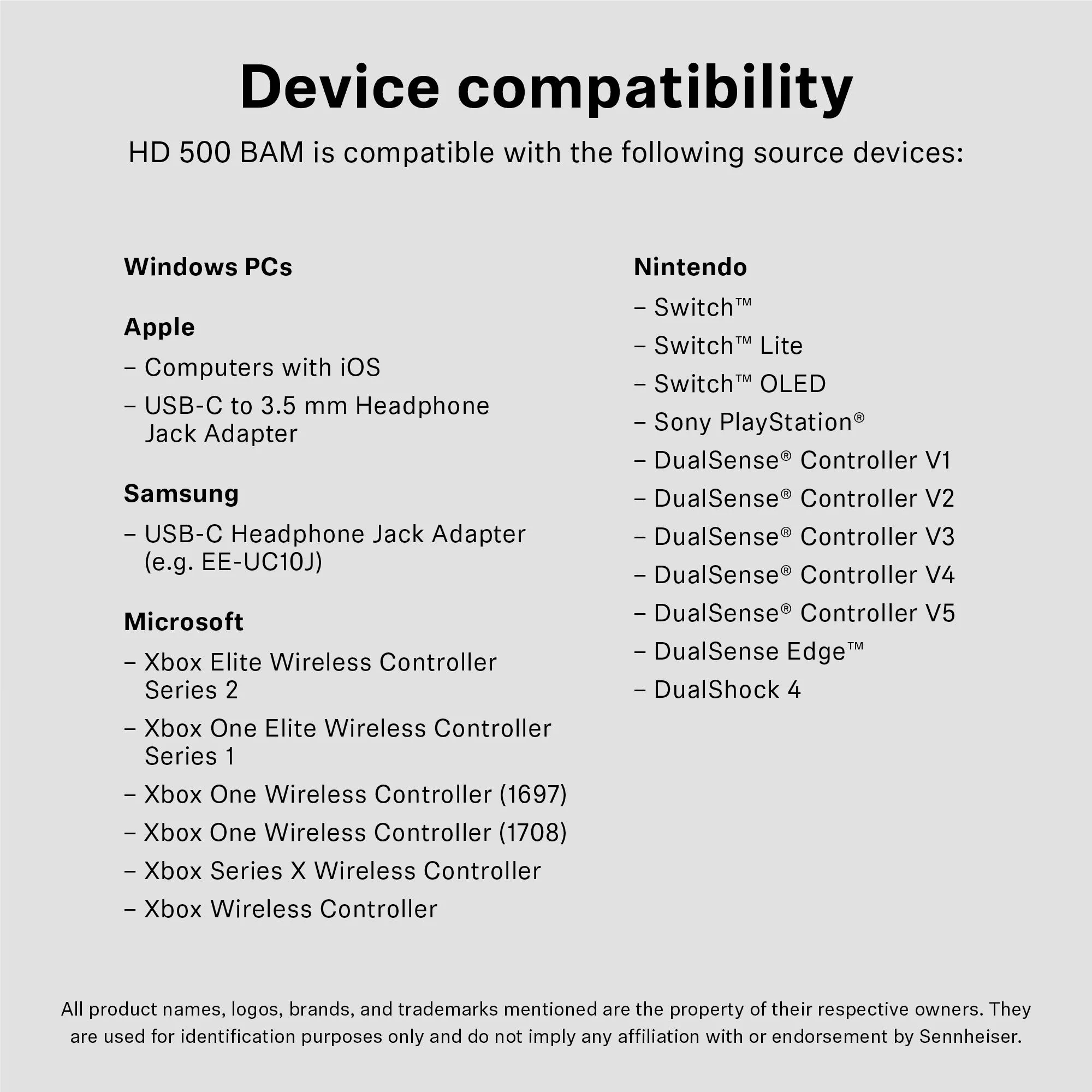 Liste de compatibilité HD 500 BAM : appareils Windows, Apple, Samsung, Microsoft, Nintendo.