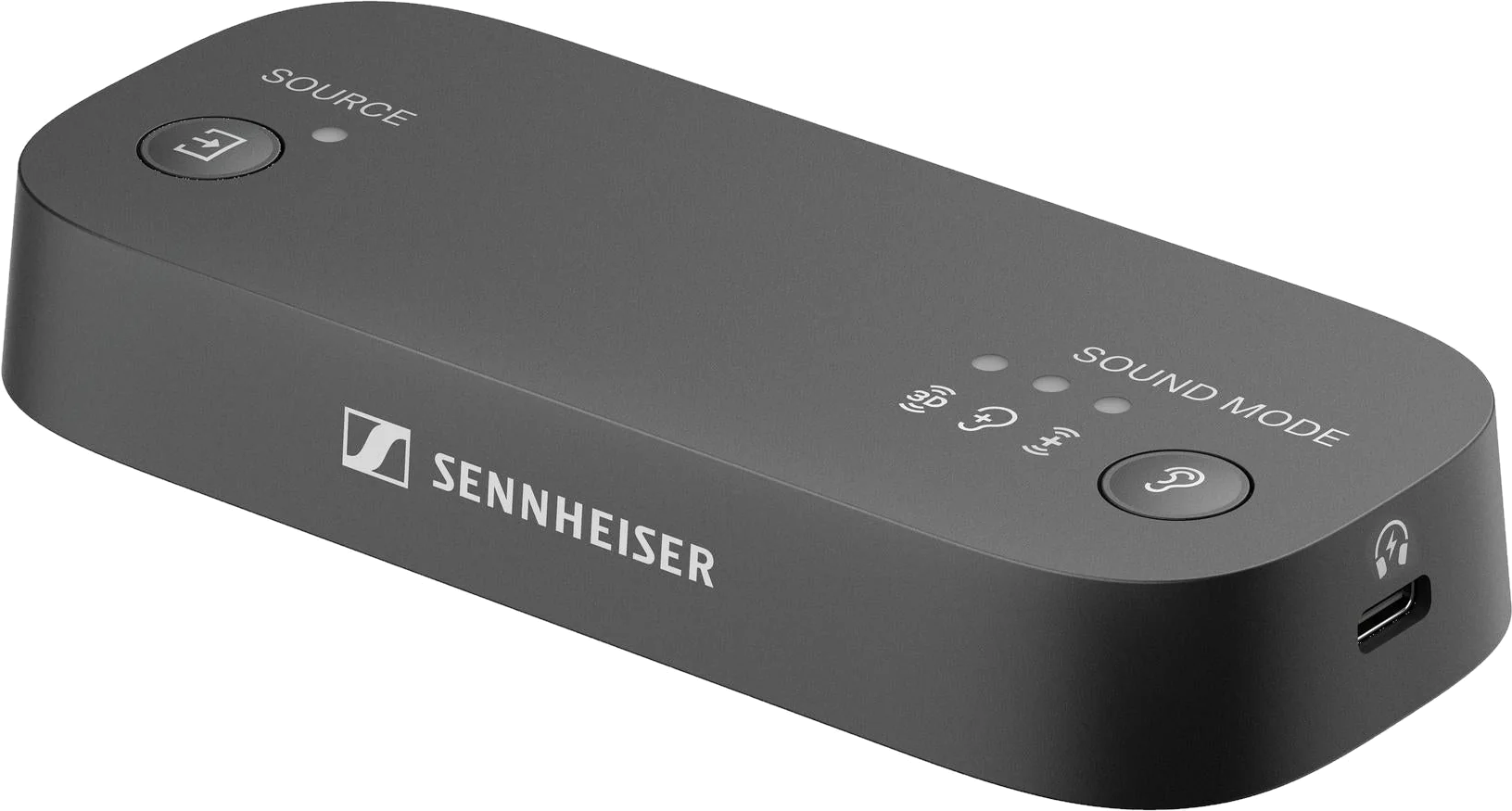 Appareil Sennheiser gris avec inscriptions 'Source' et 'Sound Mode'.