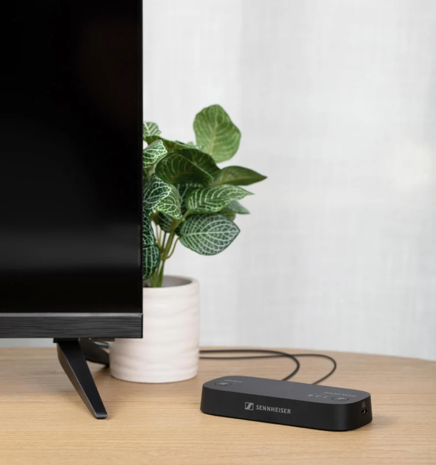 Un récepteur Sennheiser noir à côté d'une plante verte en pot et d'un écran de télévision.