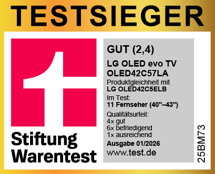 Auszeichnungssiegel: 'TESTSIEGER' mit roter '1'. LG OLED evo TV im Test 'GUT'.