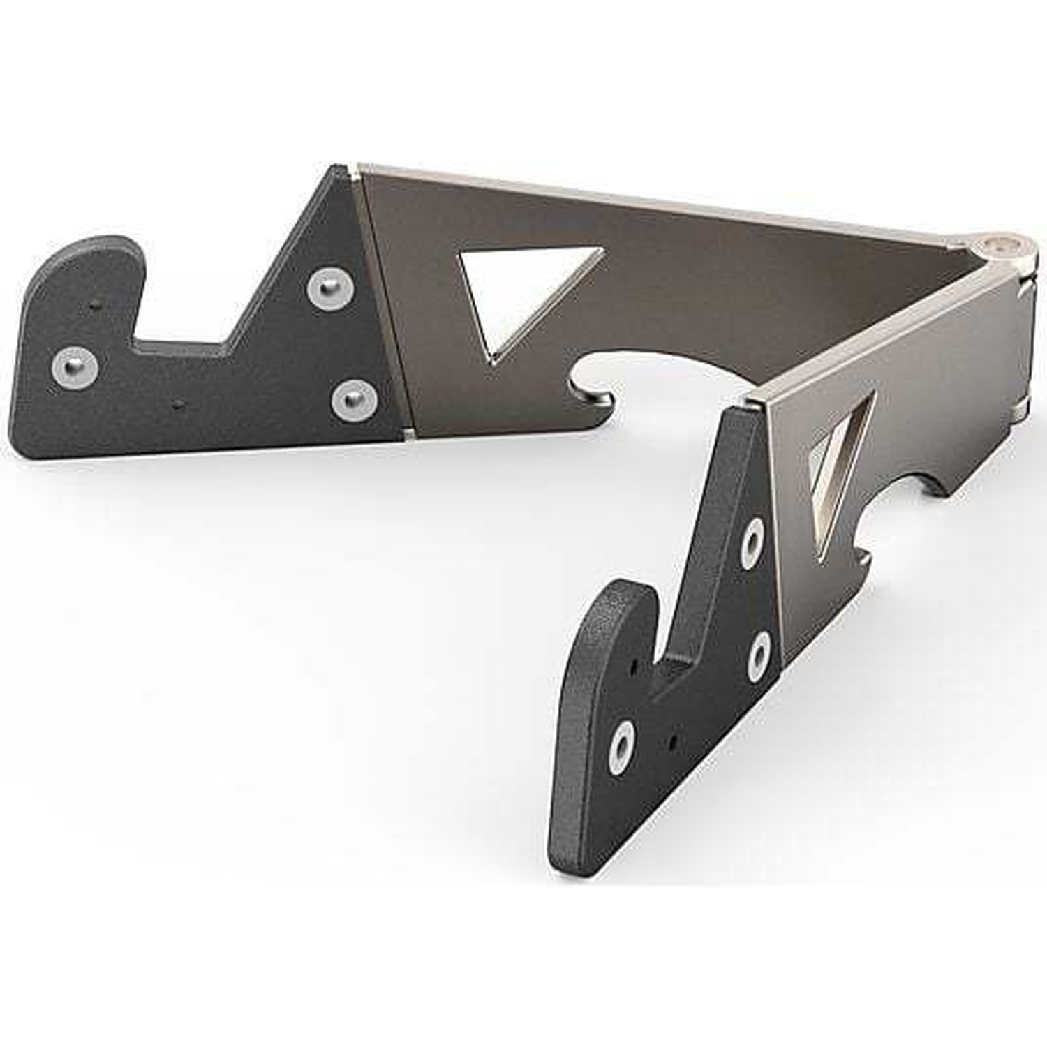Un support pliable et réglable pour téléphone et tablette en métal gris.