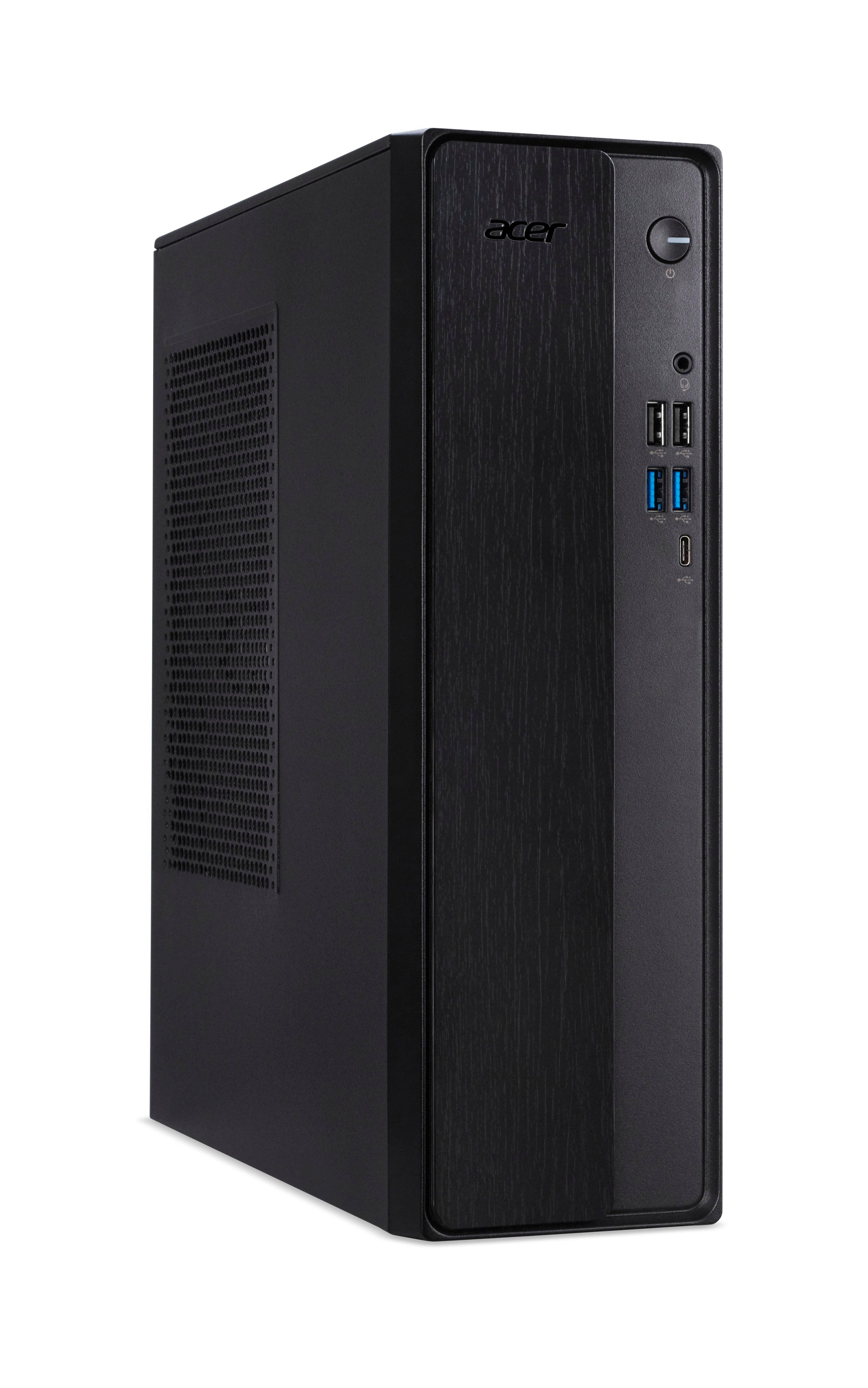 Schwarzer Acer PC mit Holzmaserung auf der Vorderseite und USB-Anschlüssen.