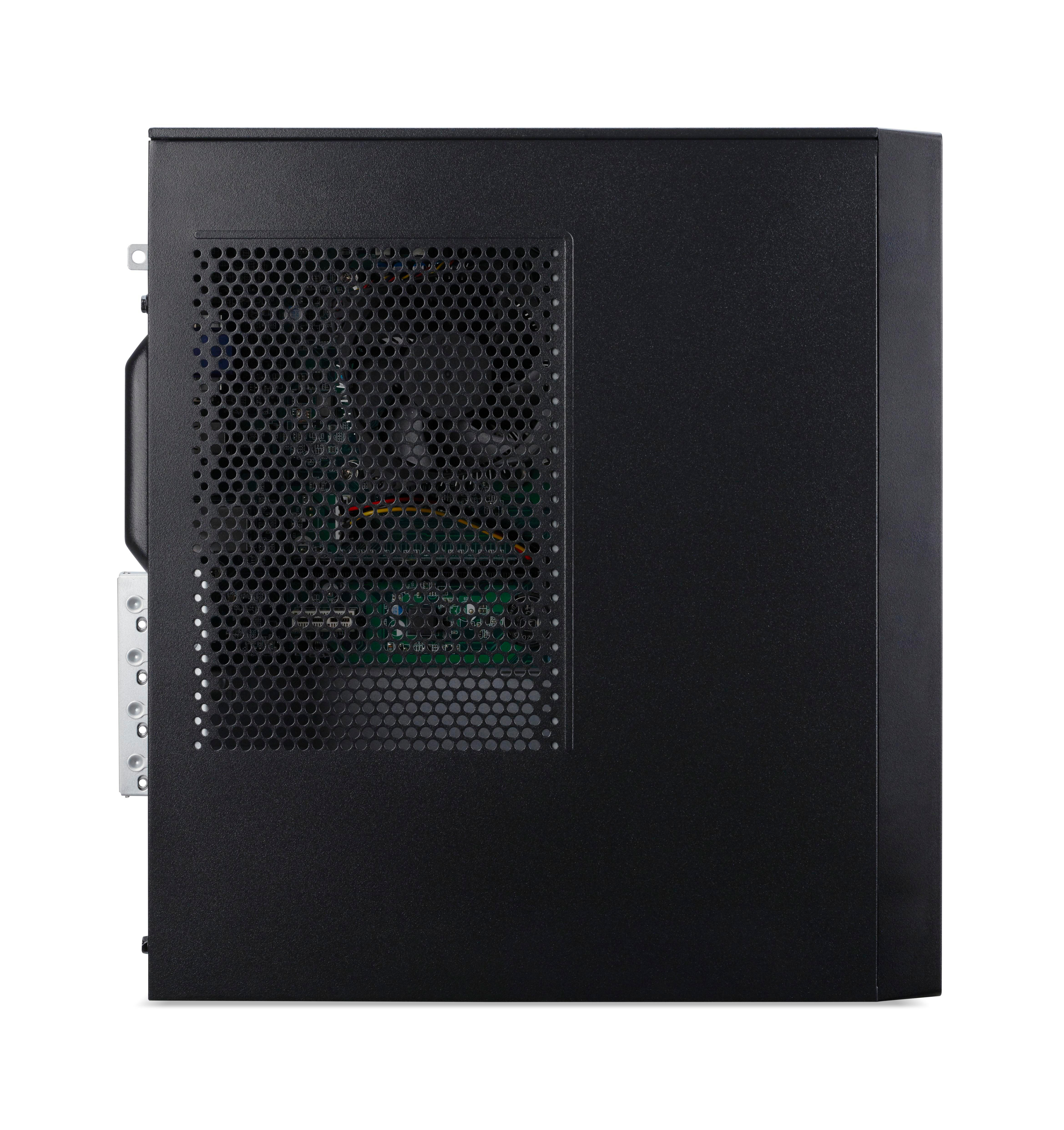Ein schwarzes Computergehäuse mit Lüftungsgitter auf der linken Seite.