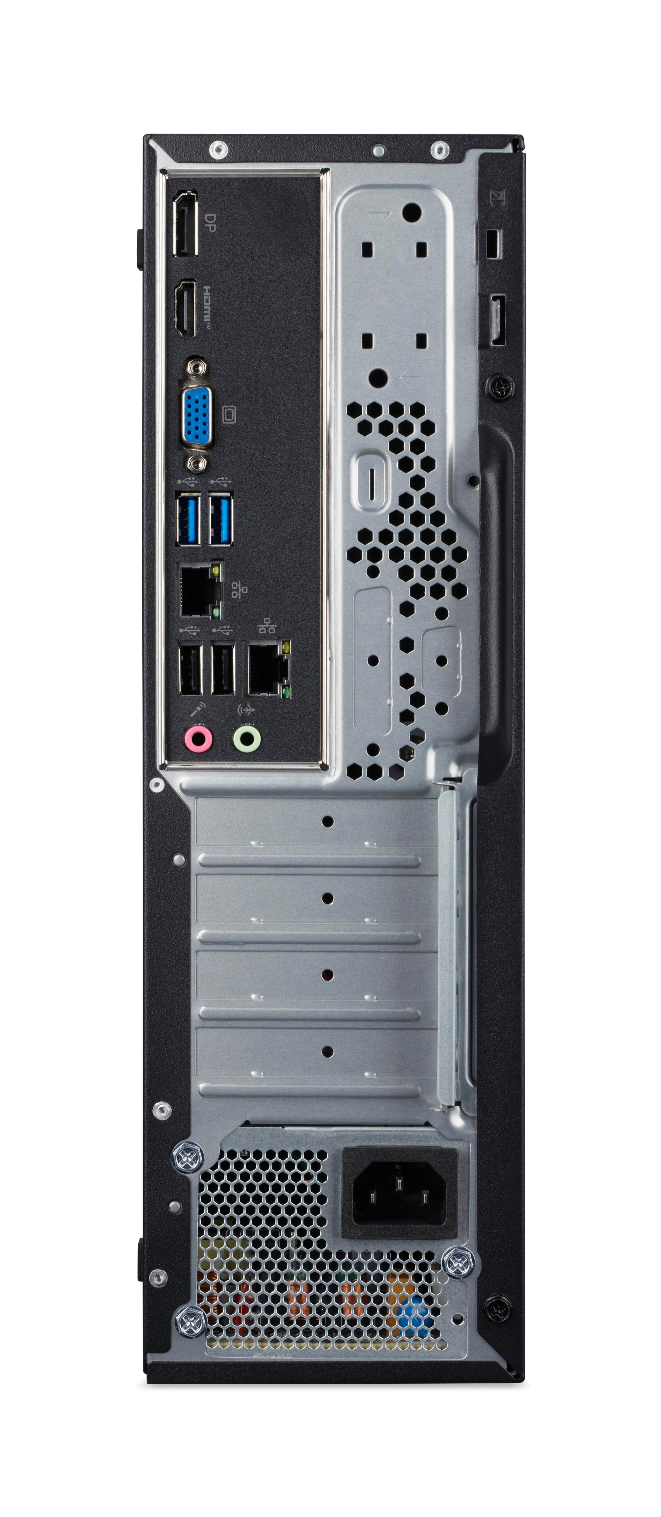 Rückseite eines schwarzen Computers mit Anschlüssen wie HDMI, DP, USB, Netzteilanschluss.