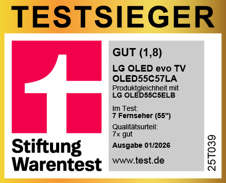 Stiftung Warentest Siegel: LG OLED evo TV mit 'GUT (1,8)' bewertet.
