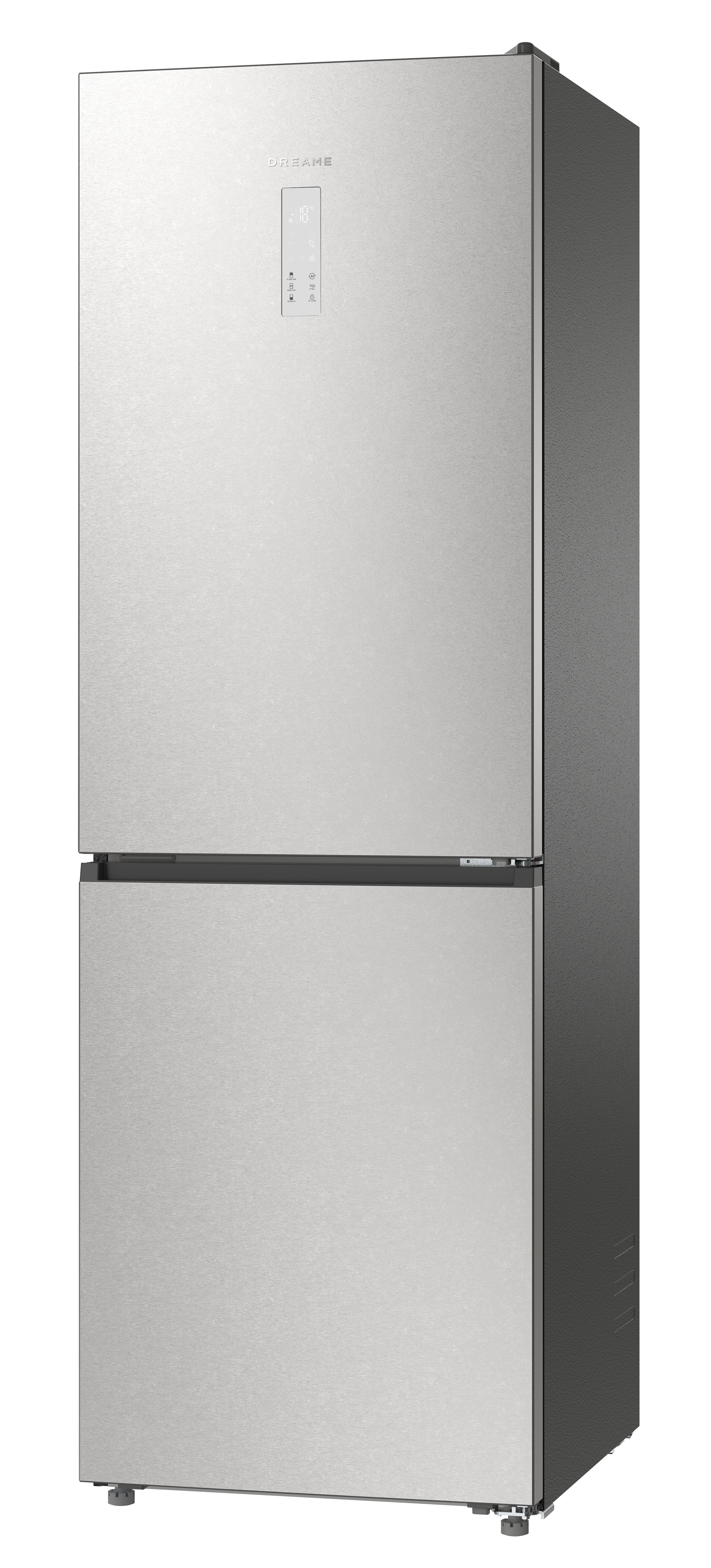Srebrna dwudrzwiowa lodówka z panelem cyfrowym.
