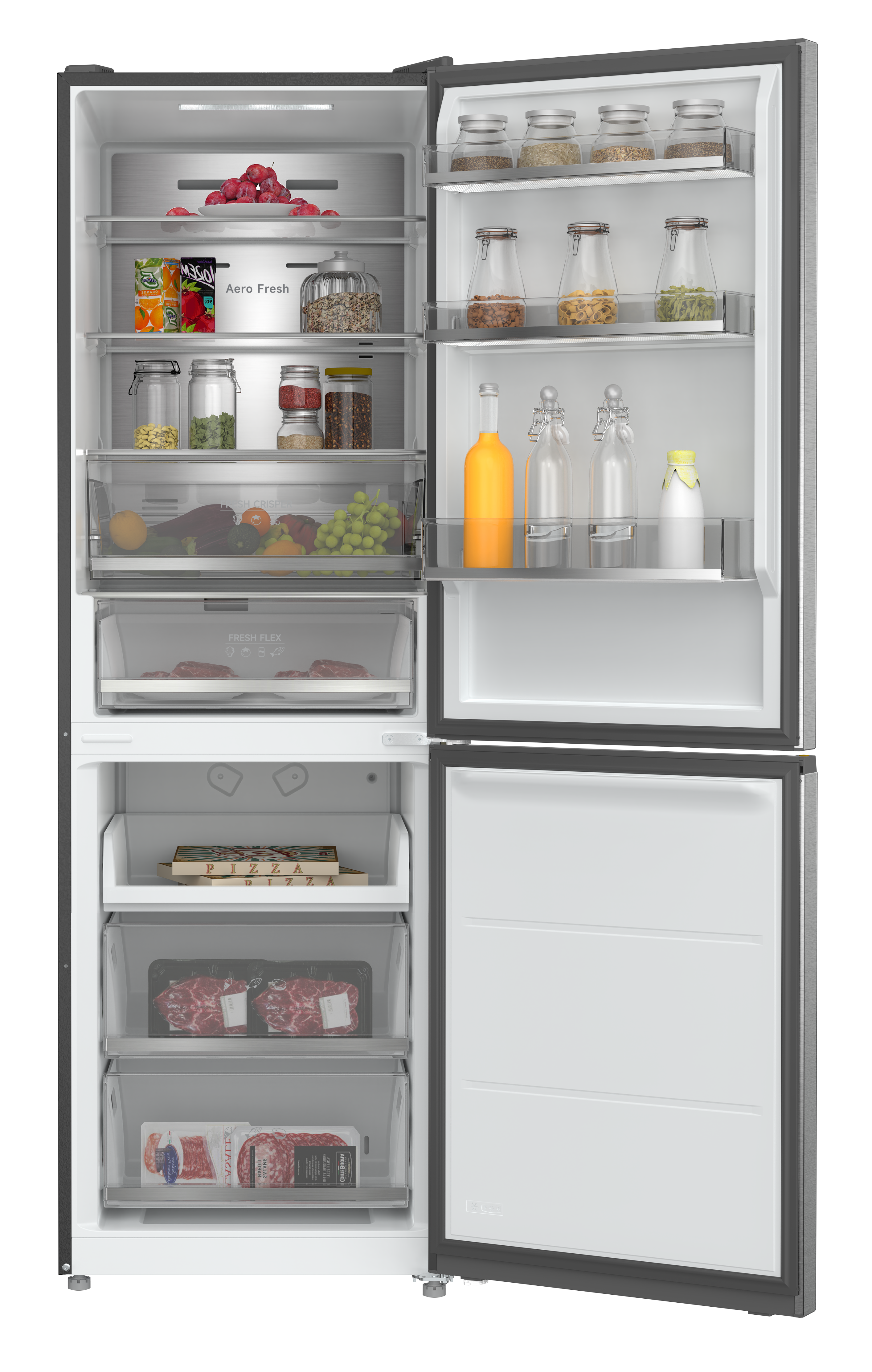 Otwarta lodówka z owocami, warzywami, mięsem i słoikami z żywnością.