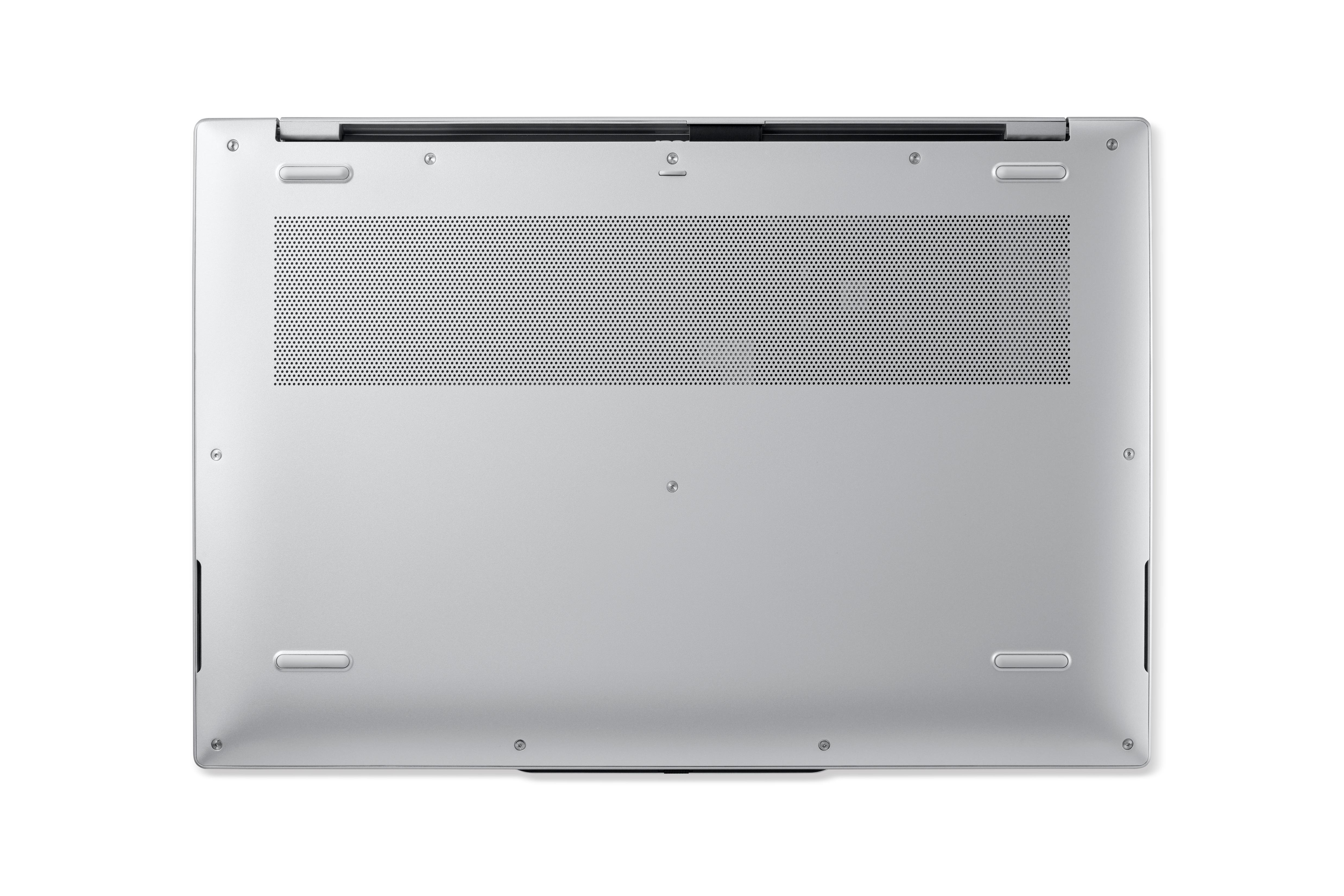 Unterseite eines silbernen Laptops mit Lüftungsschlitzen und Schrauben.