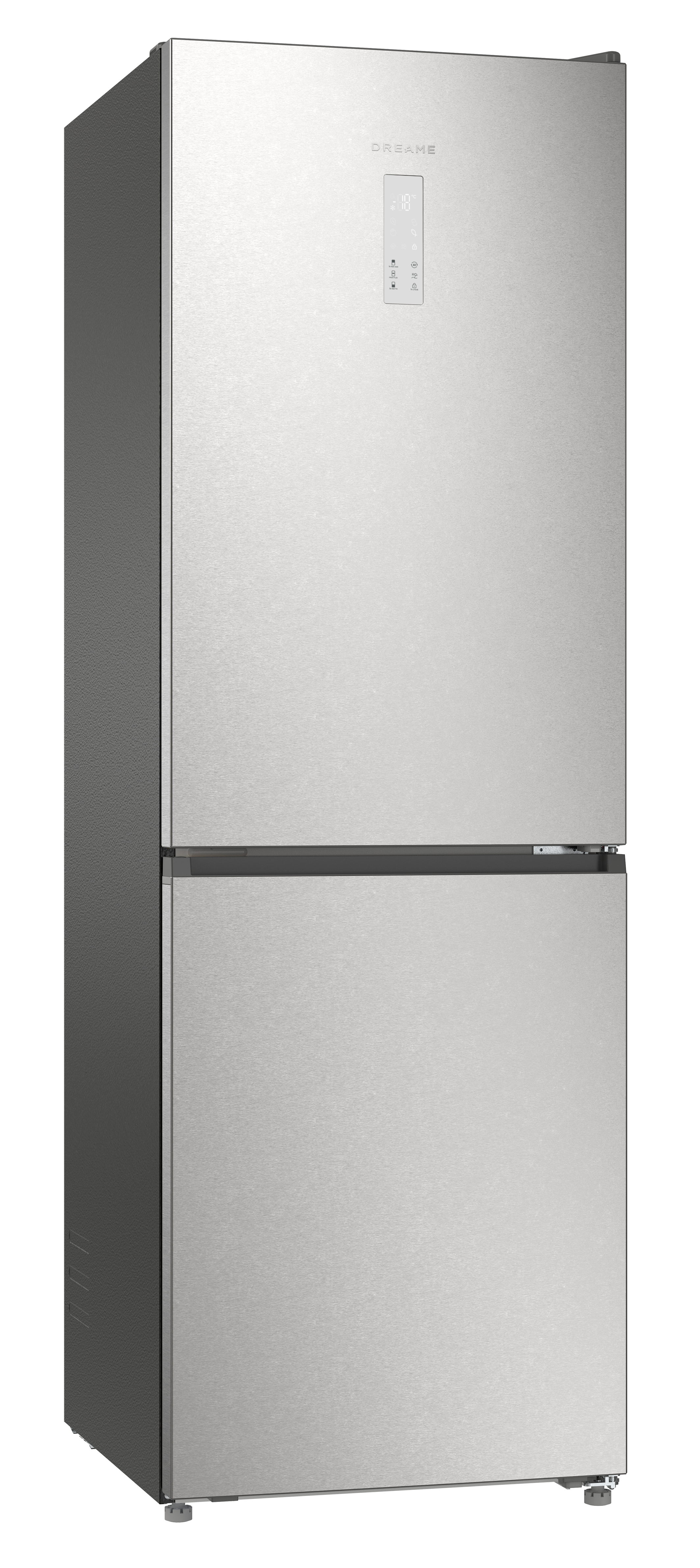 Srebrna lodówka z panelem sterowania dotykowego i cyfrowym wyświetlaczem temperatury.