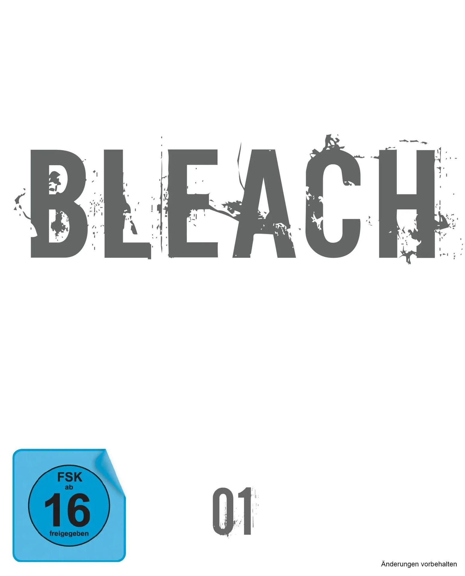 Großer grauer Schriftzug BLEACH, FSK 16 Siegel, die Zahl 01.