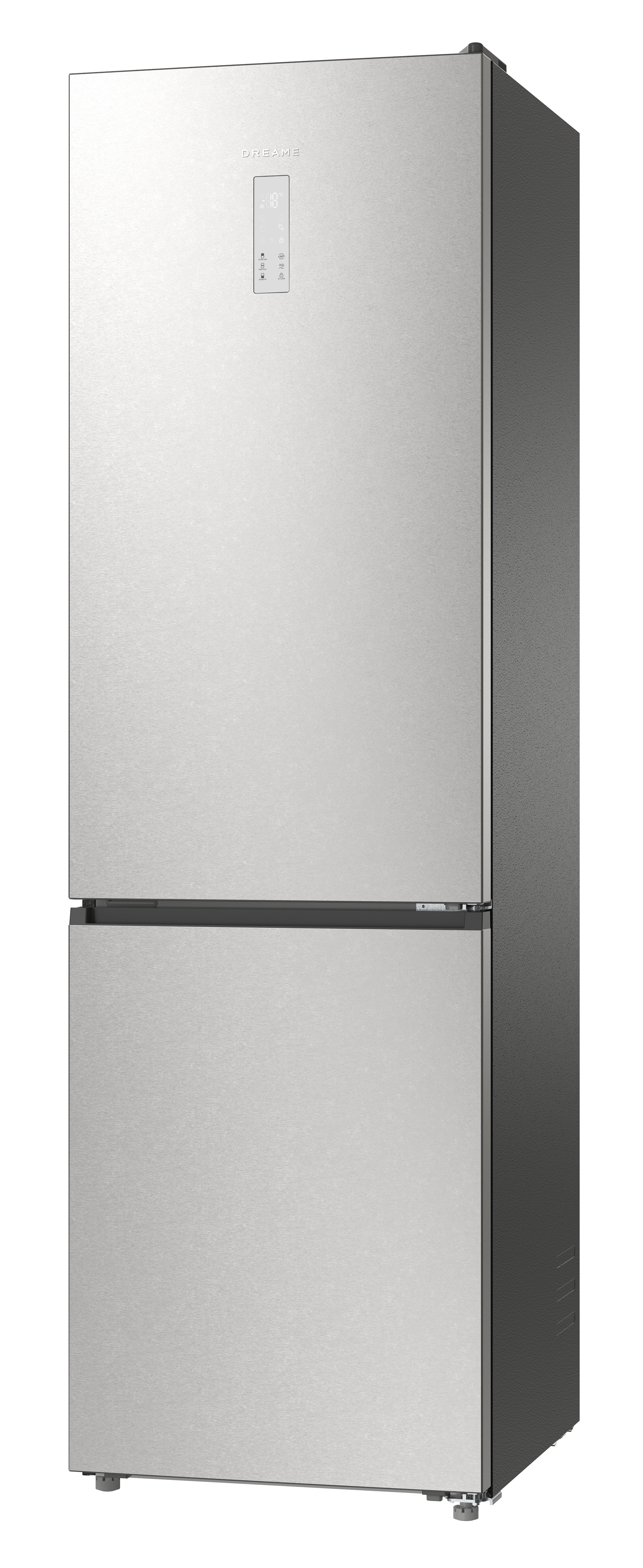 Srebrna lodówka z cyfrowym wyświetlaczem na drzwiach.