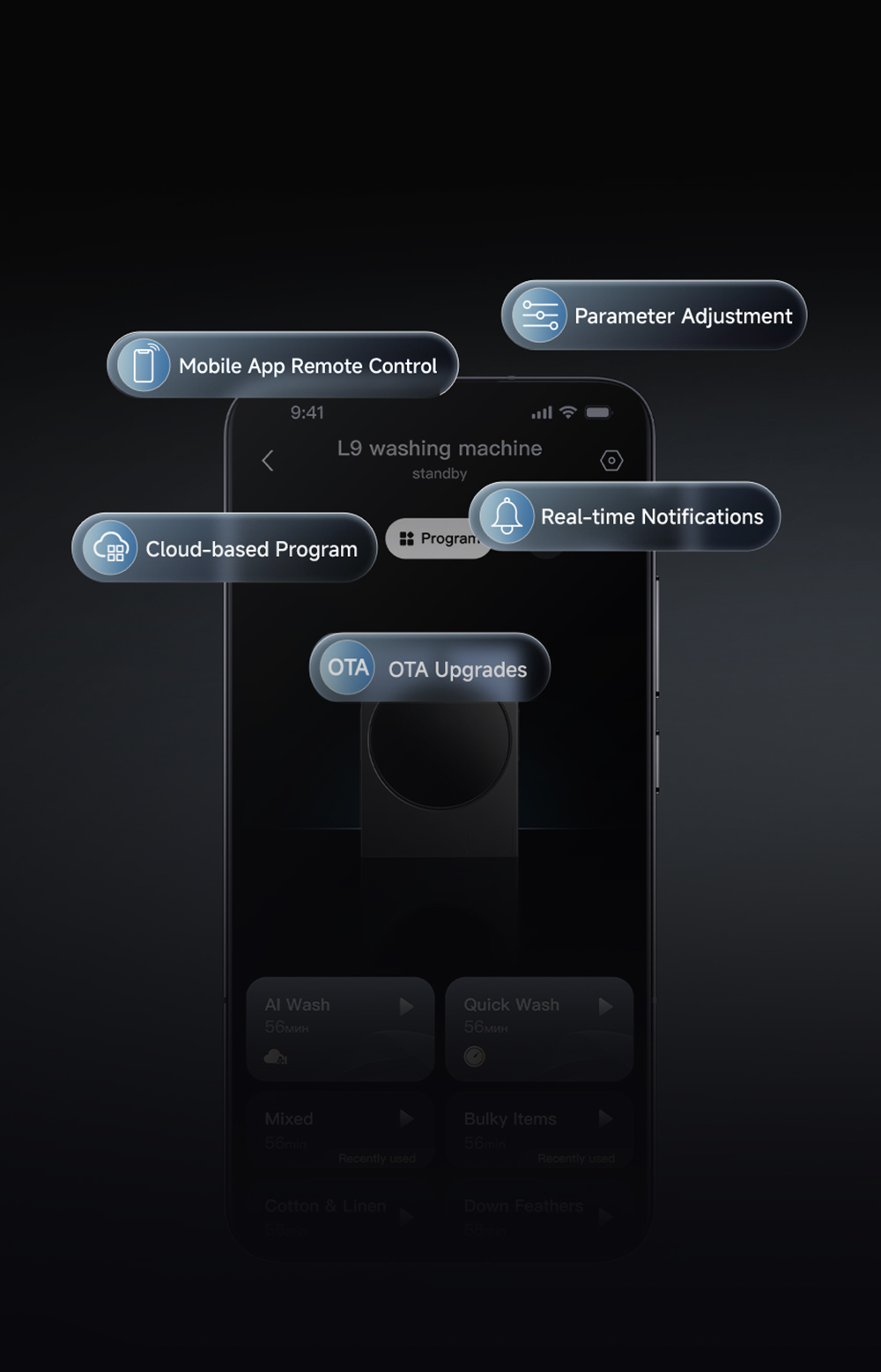 Aplikacja na smartfona pokazuje funkcje pralki: zdalne sterowanie, parametry, powiadomienia, programy.