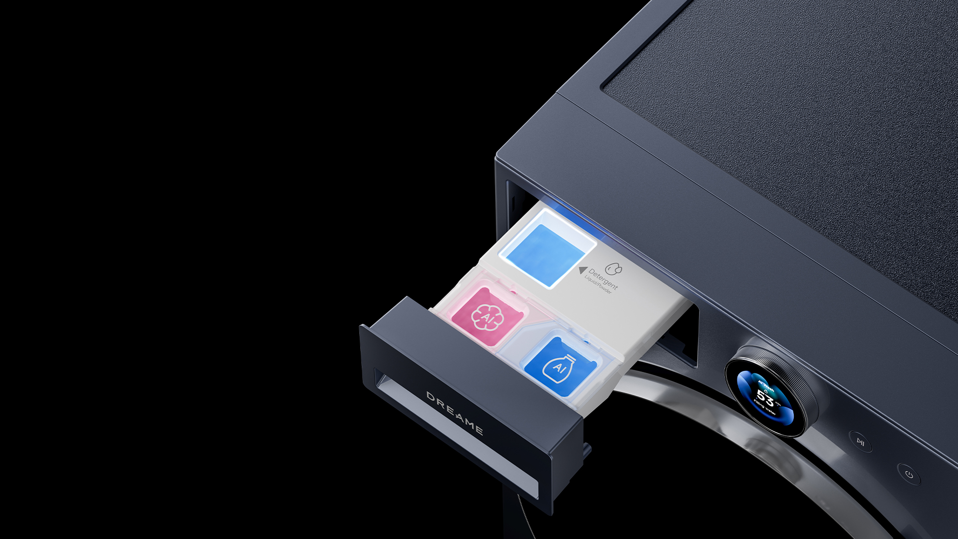 Pralka z wysuniętą szufladą na detergenty i płyny.