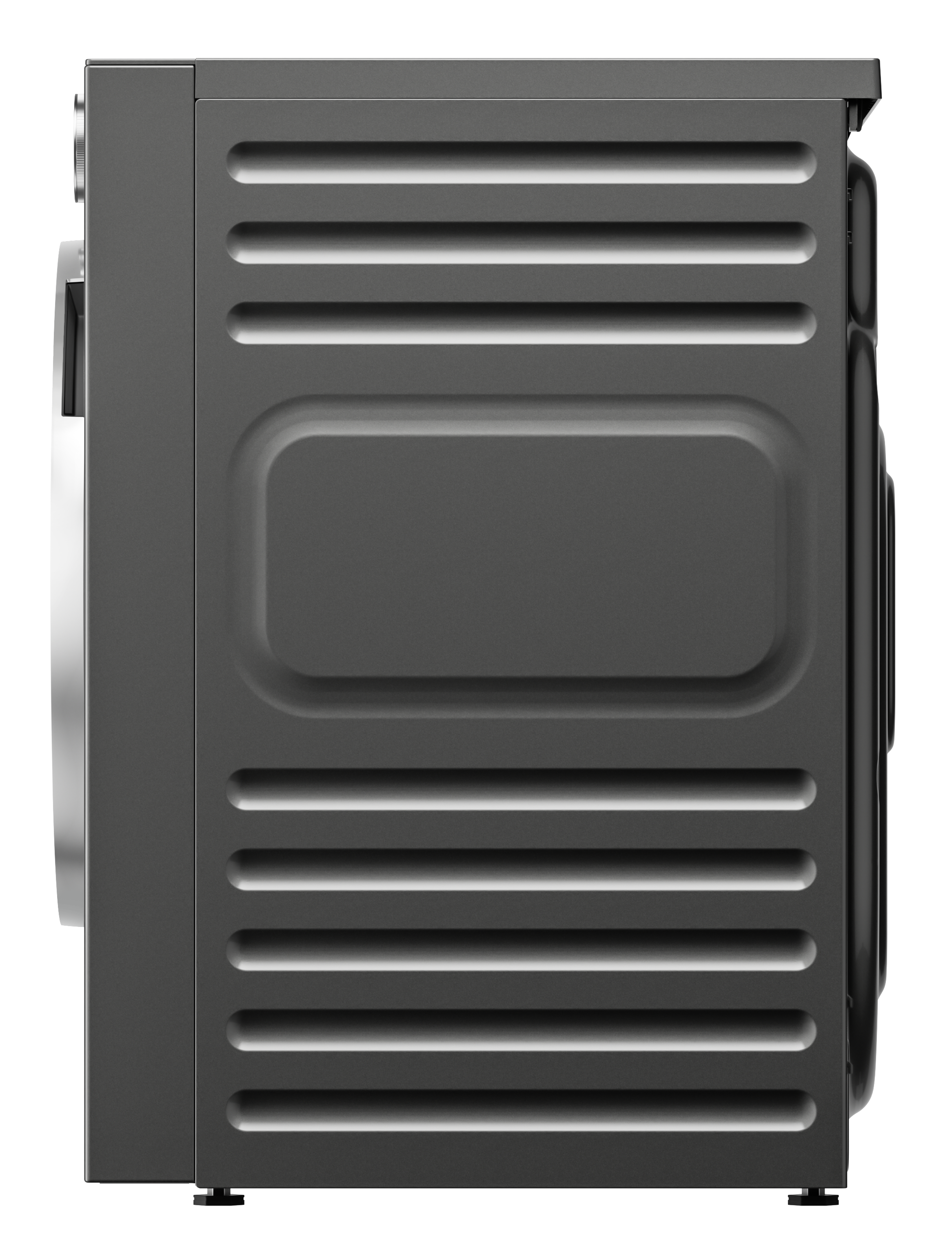 Szara pralka w profilu z otworami wentylacyjnymi i pokrętłem jasności.