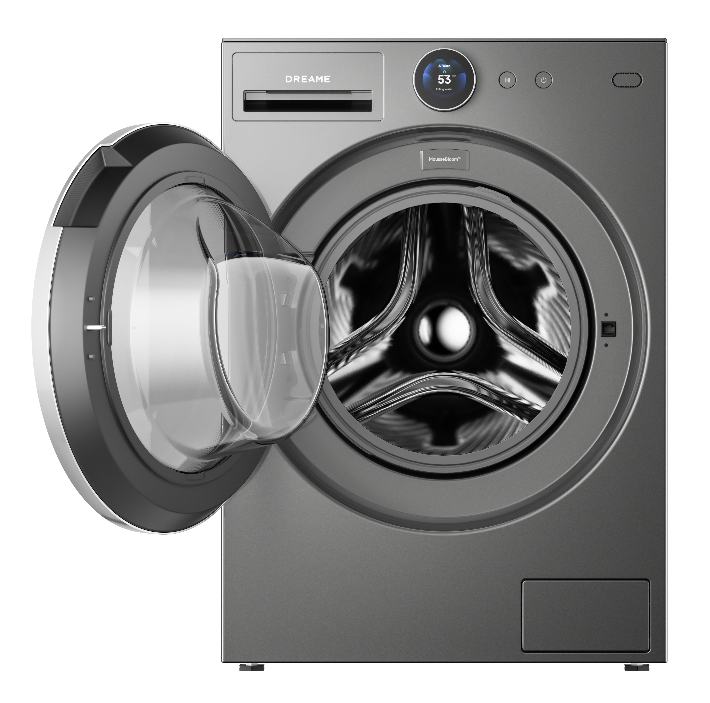 Szara pralka z otwartymi drzwiami, widoczny bęben.